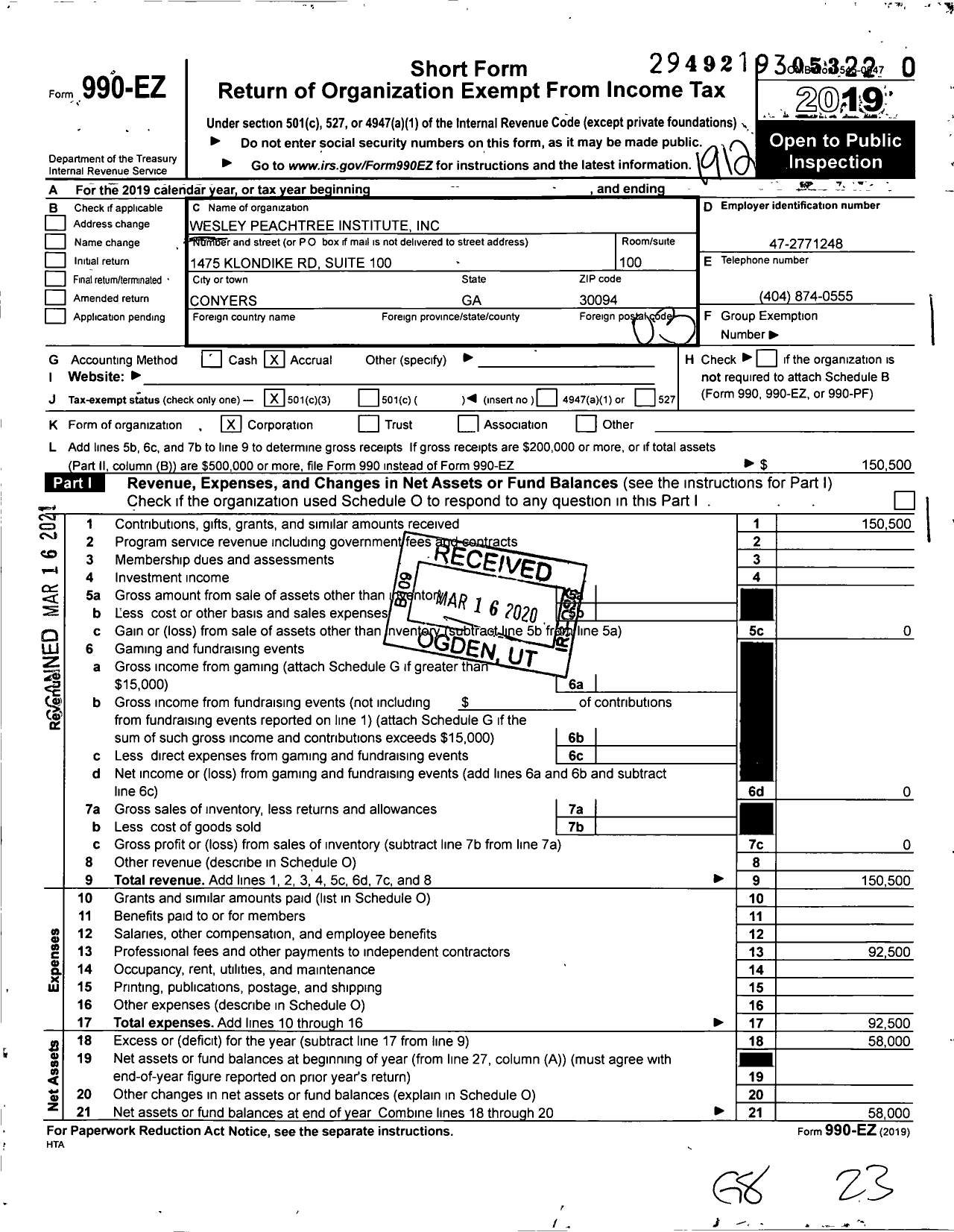 Image of first page of 2019 Form 990EZ for Wesley Peachtree Institute