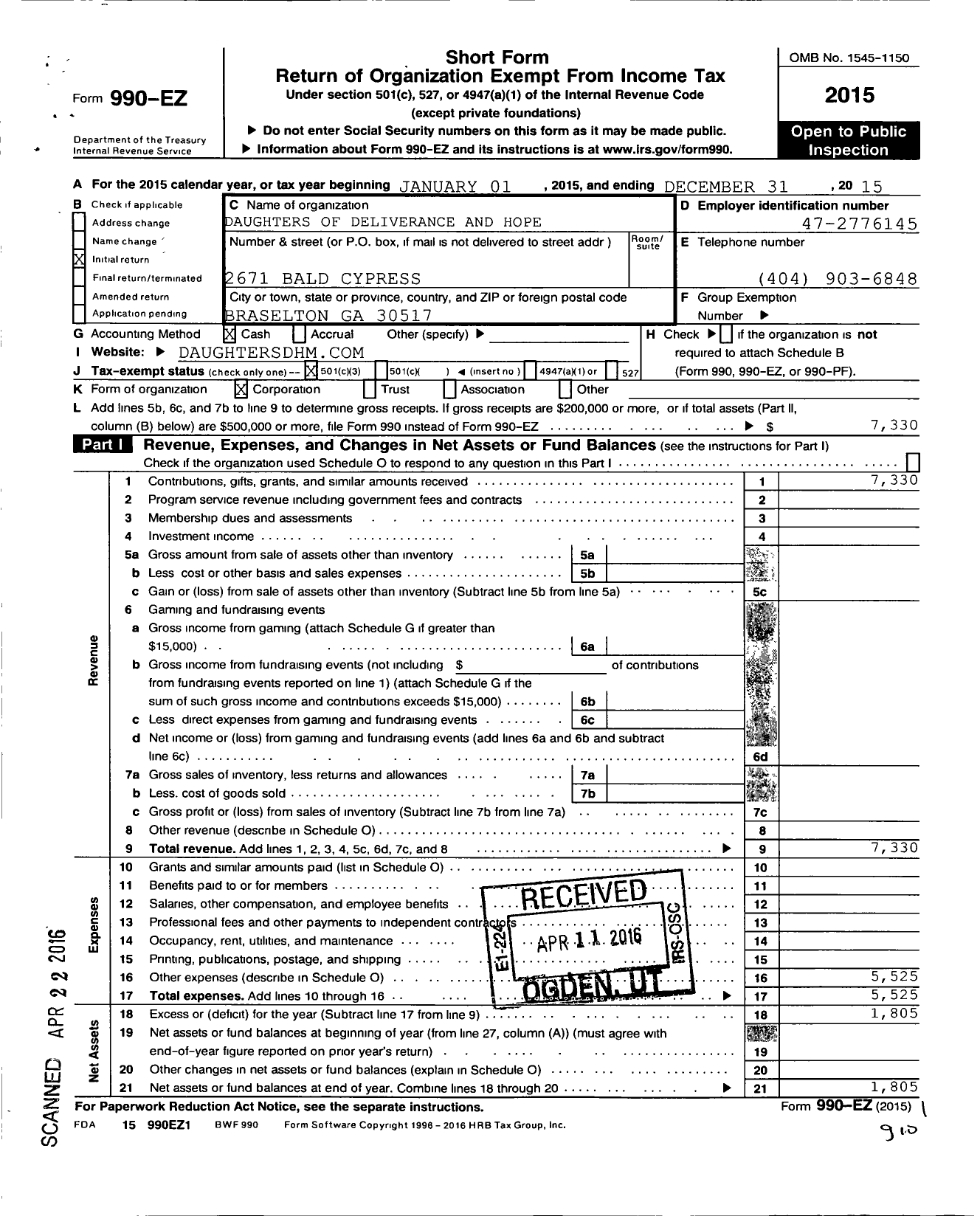 Image of first page of 2015 Form 990EZ for Daughters of Deliverance Hope Ministries