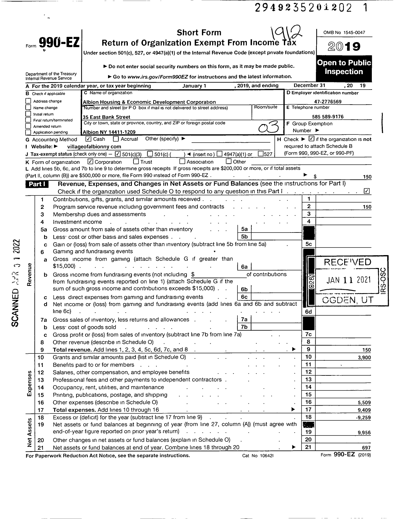 Image of first page of 2019 Form 990EZ for Albion Housing and Economic Development Corporation