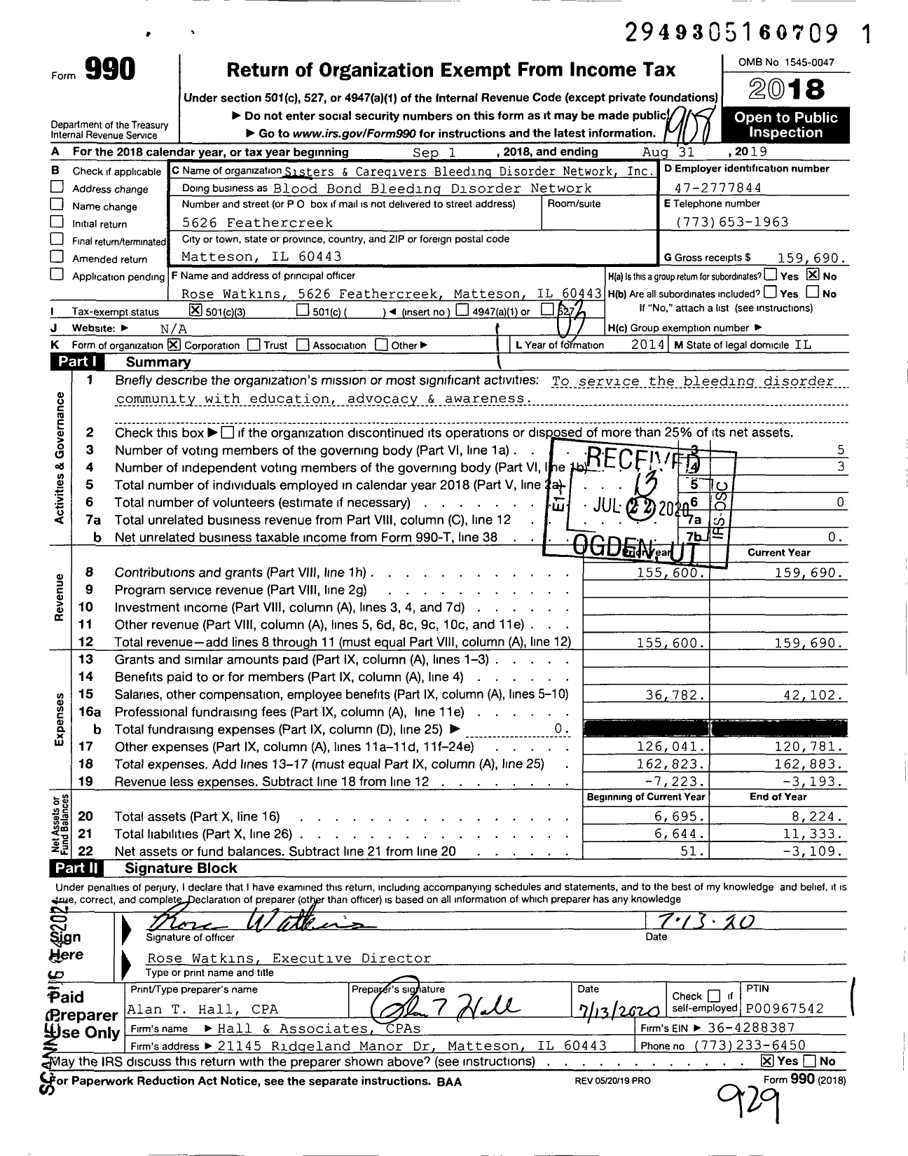 Image of first page of 2018 Form 990 for Blood Bond Bleeding Disorder Network