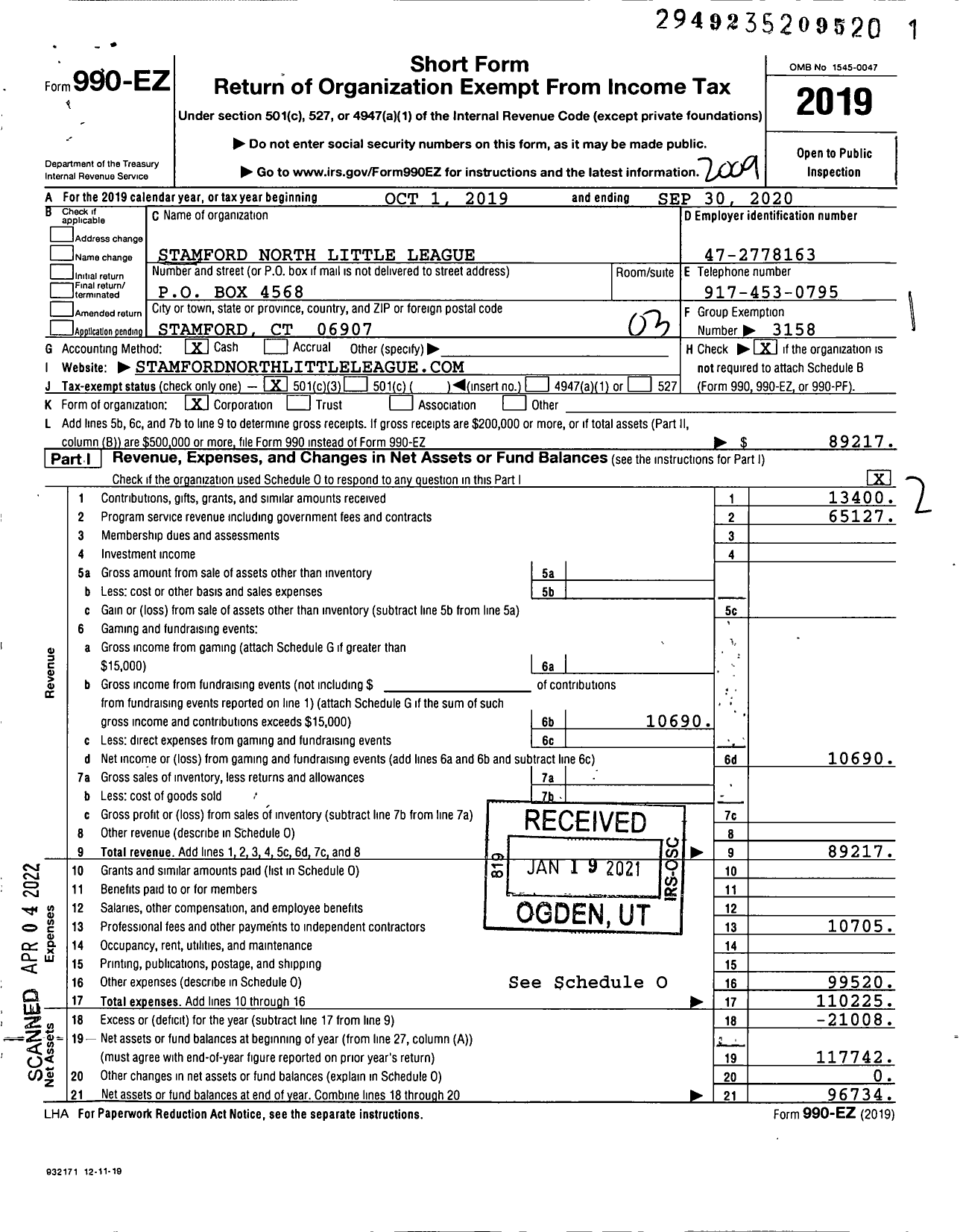 Image of first page of 2019 Form 990EZ for Little League Baseball - 2070109 Stamford North LL