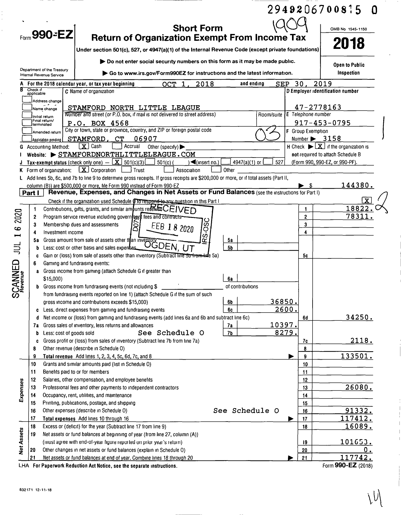 Image of first page of 2018 Form 990EZ for Little League Baseball - 2070109 Stamford North LL