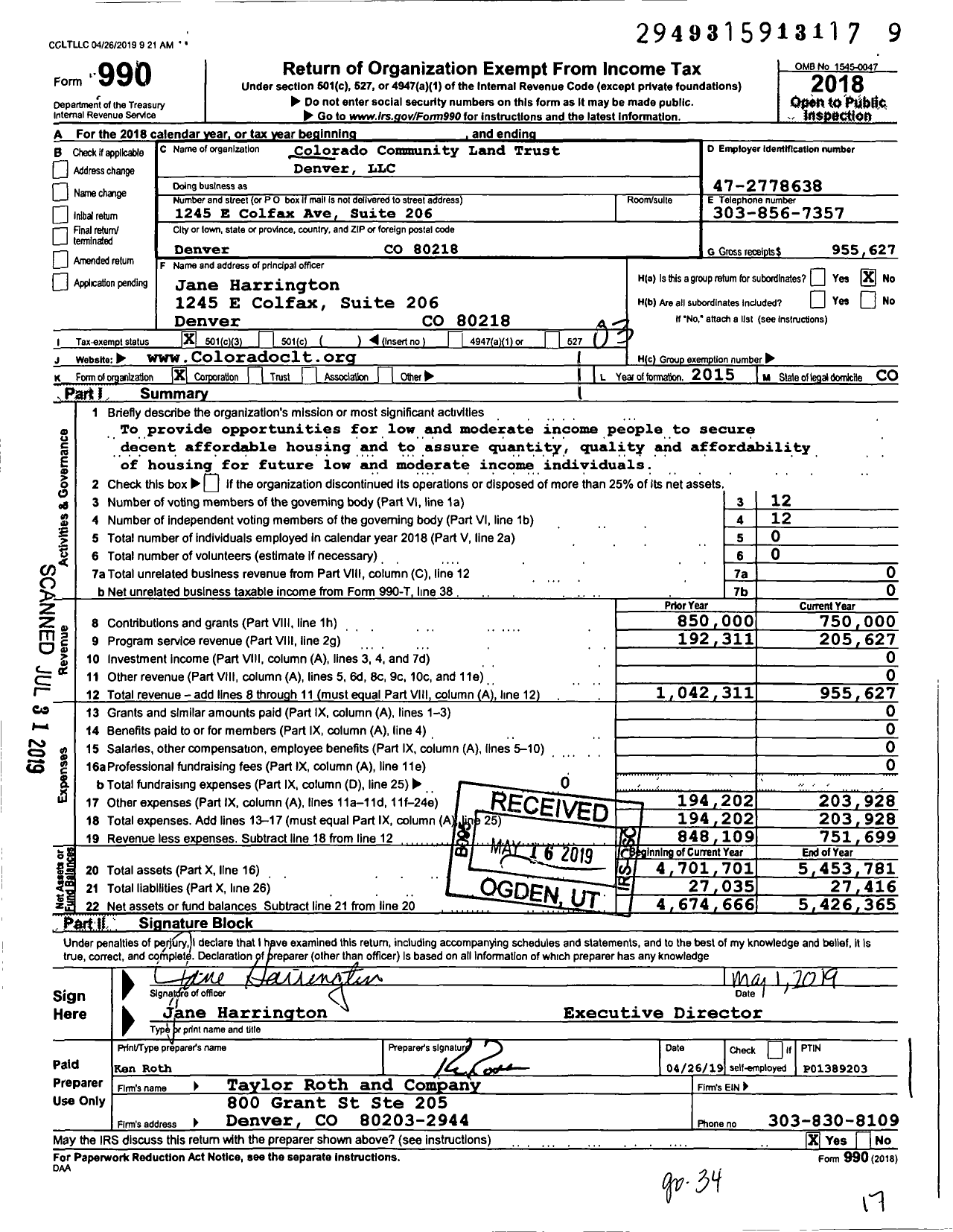 Image of first page of 2018 Form 990 for Colorado Community Land Trust Denver LLC