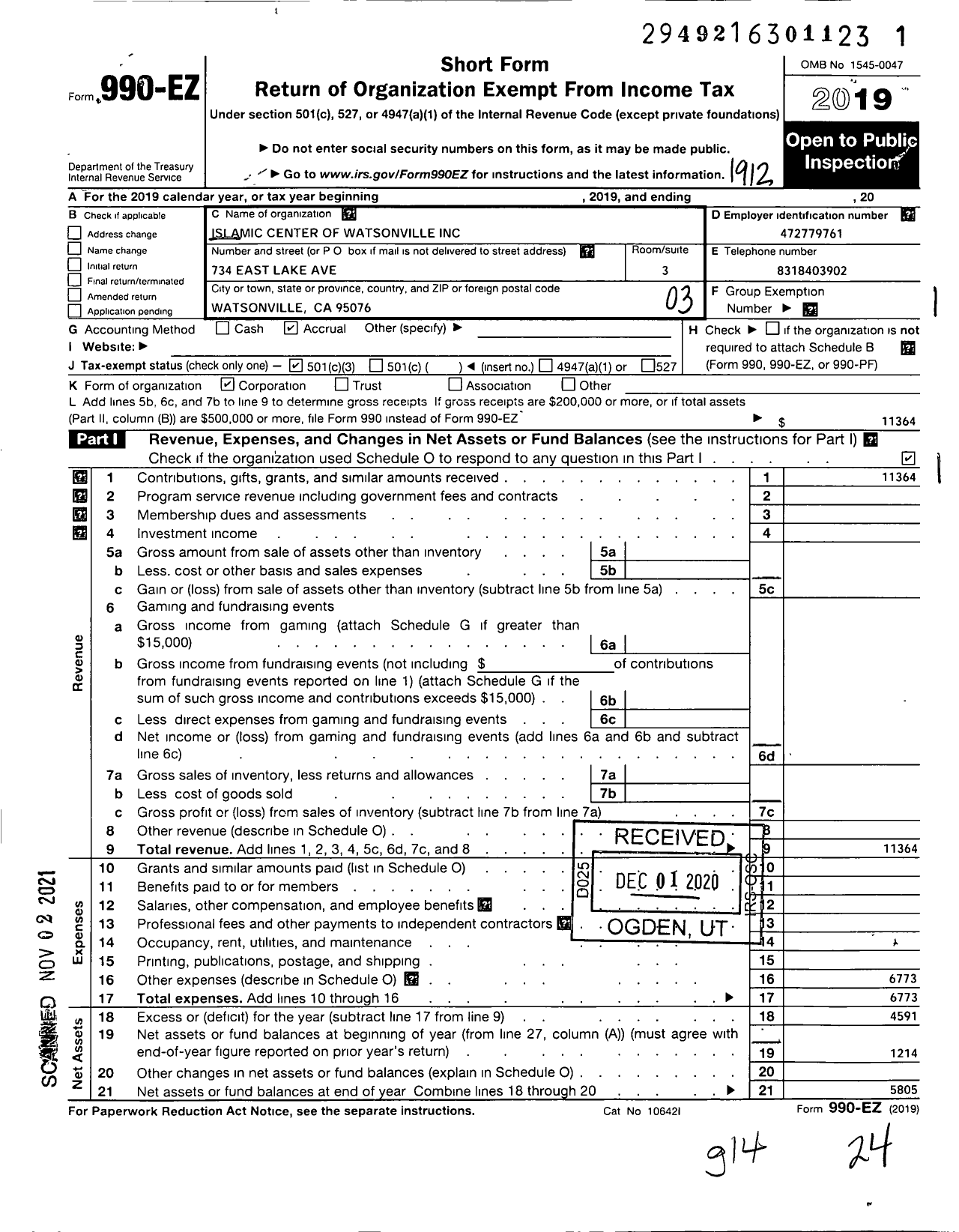 Image of first page of 2019 Form 990EZ for Islamic Center of Watsonville