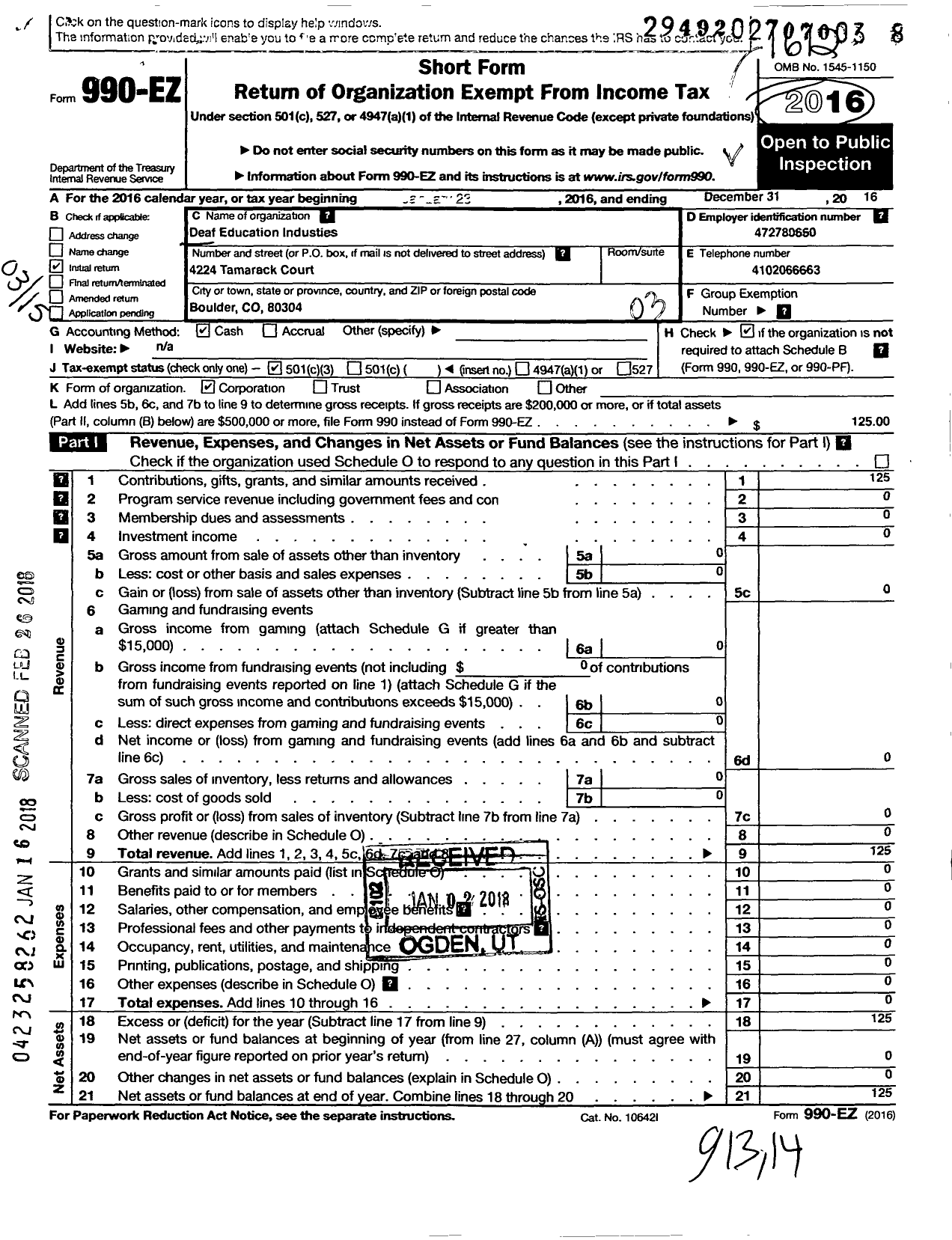 Image of first page of 2016 Form 990EZ for Deaf Education Industries