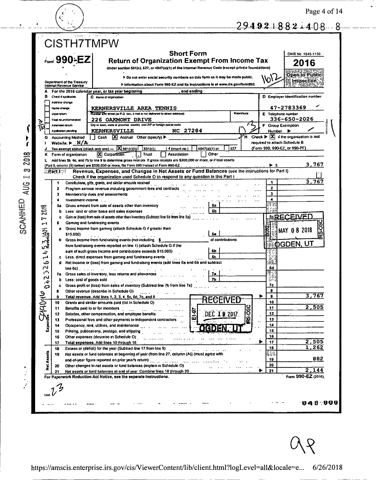 Image of first page of 2016 Form 990EZ for Kernersville Area Tennis