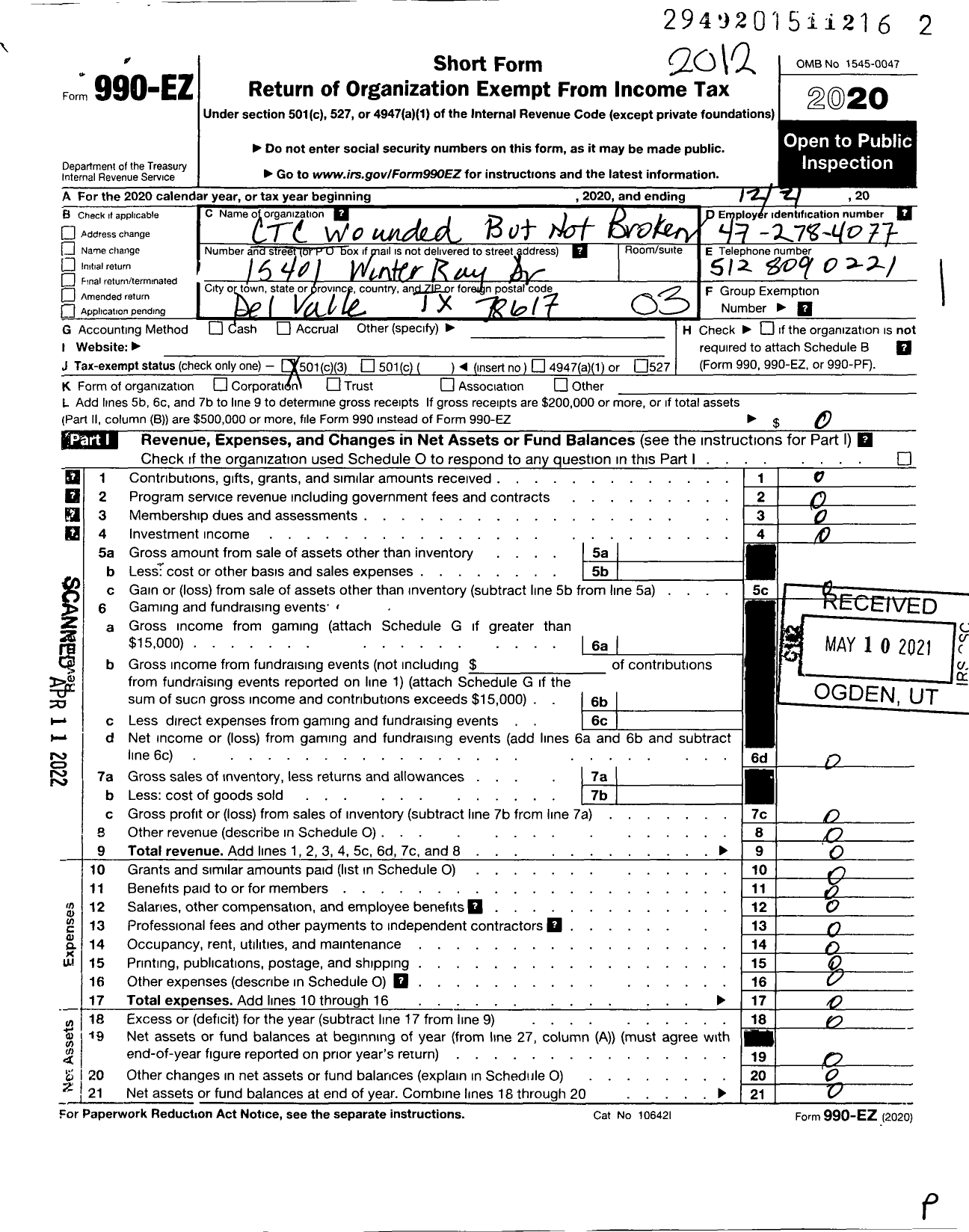 Image of first page of 2020 Form 990EZ for CTC Wounded But Not Broken