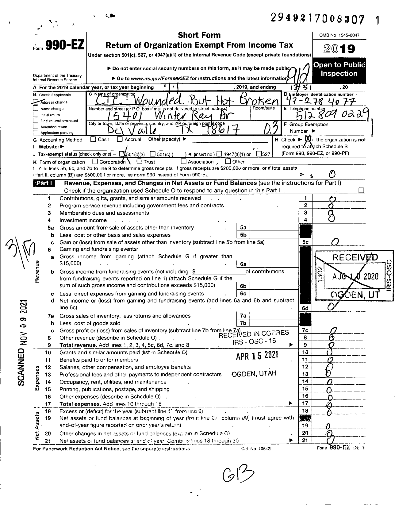 Image of first page of 2019 Form 990EZ for CTC Wounded But Not Broken