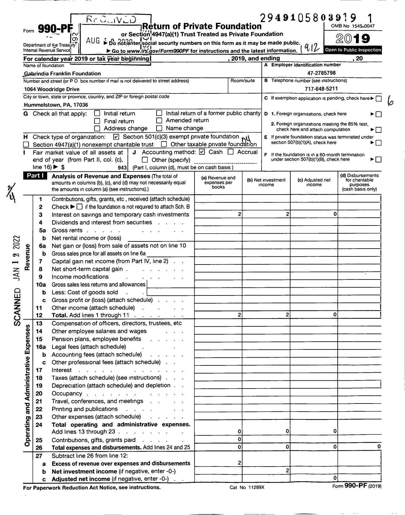 Image of first page of 2019 Form 990PF for GabrIndia Franklin Foundation