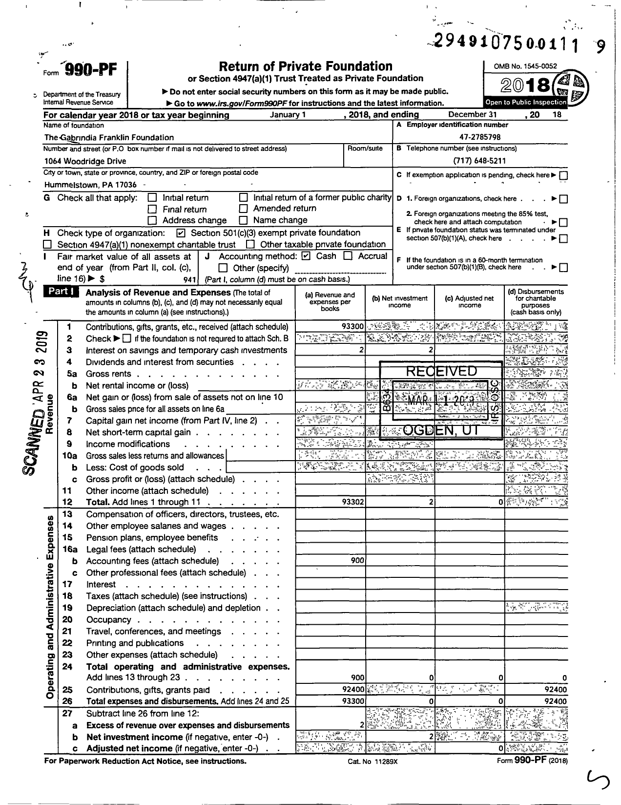 Image of first page of 2018 Form 990PF for GabrIndia Franklin Foundation