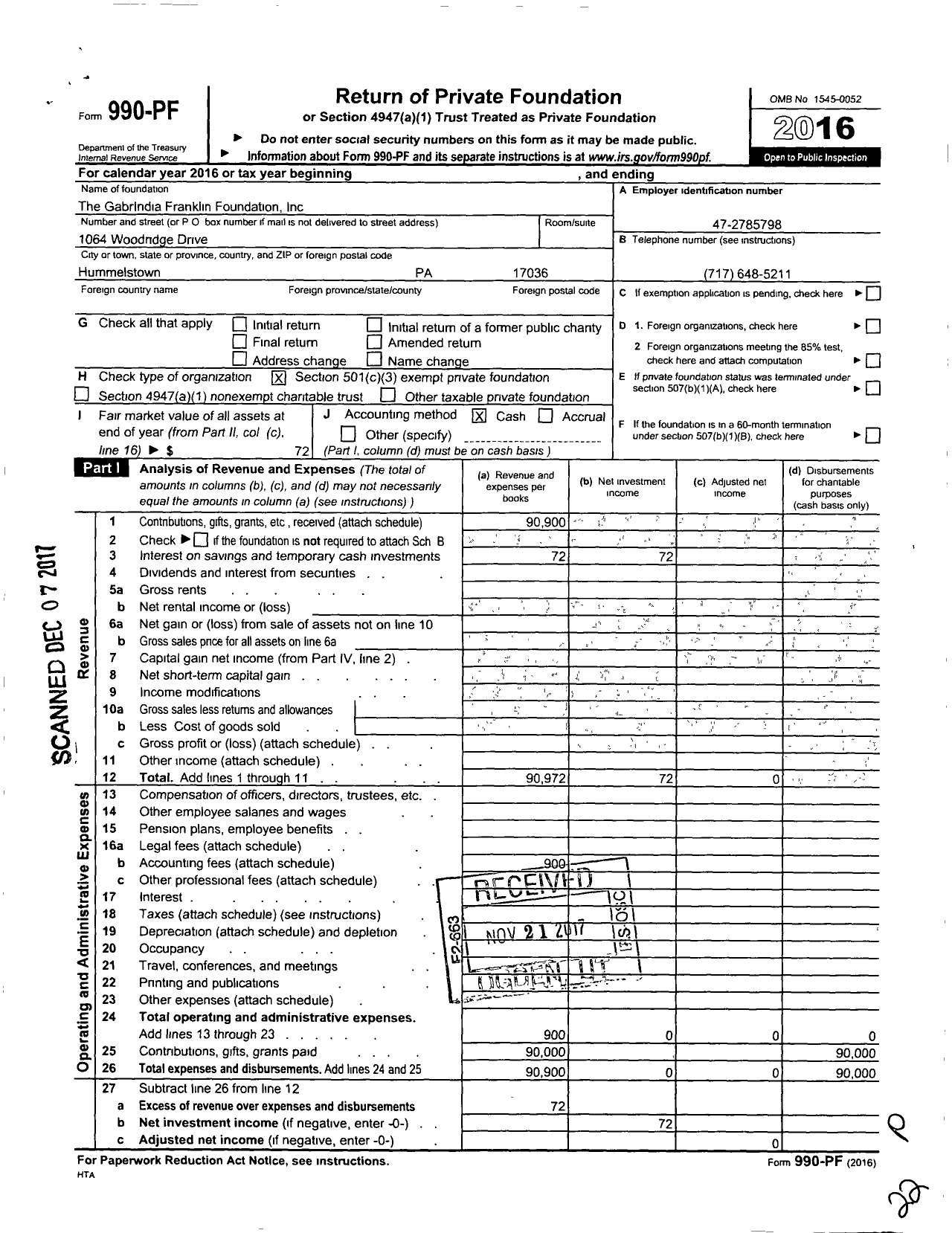 Image of first page of 2016 Form 990PF for GabrIndia Franklin Foundation