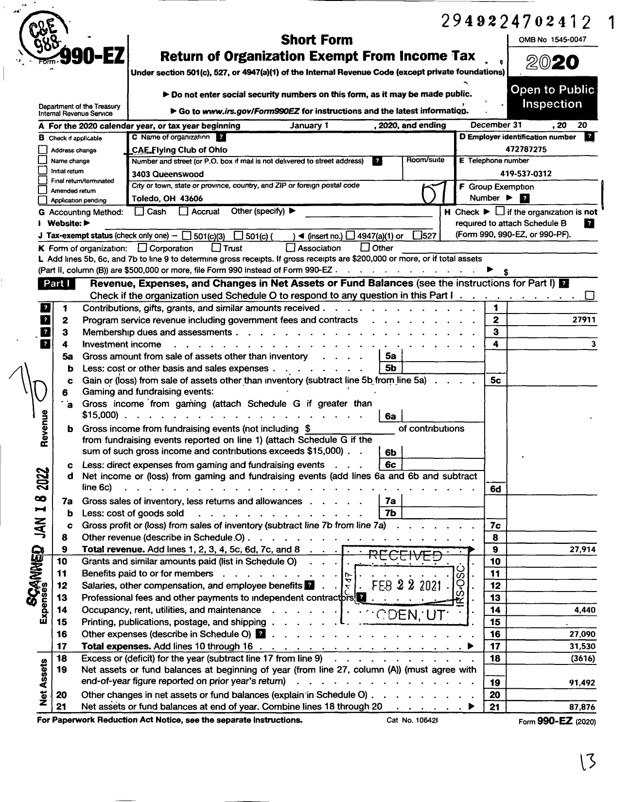 Image of first page of 2020 Form 990EO for Cae Flying Club of Ohio