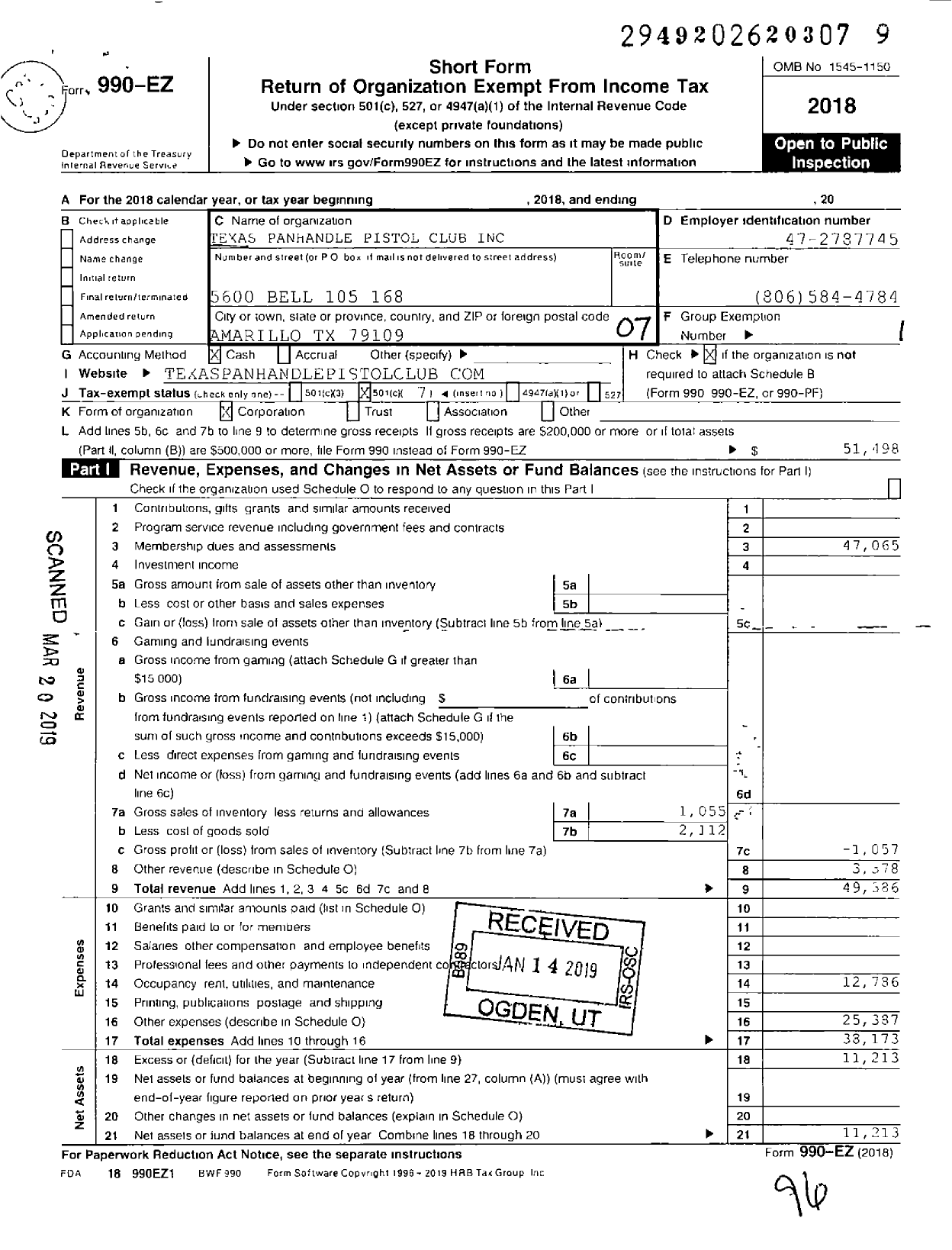 Image of first page of 2018 Form 990EO for Texas Panhandle Pistol Club