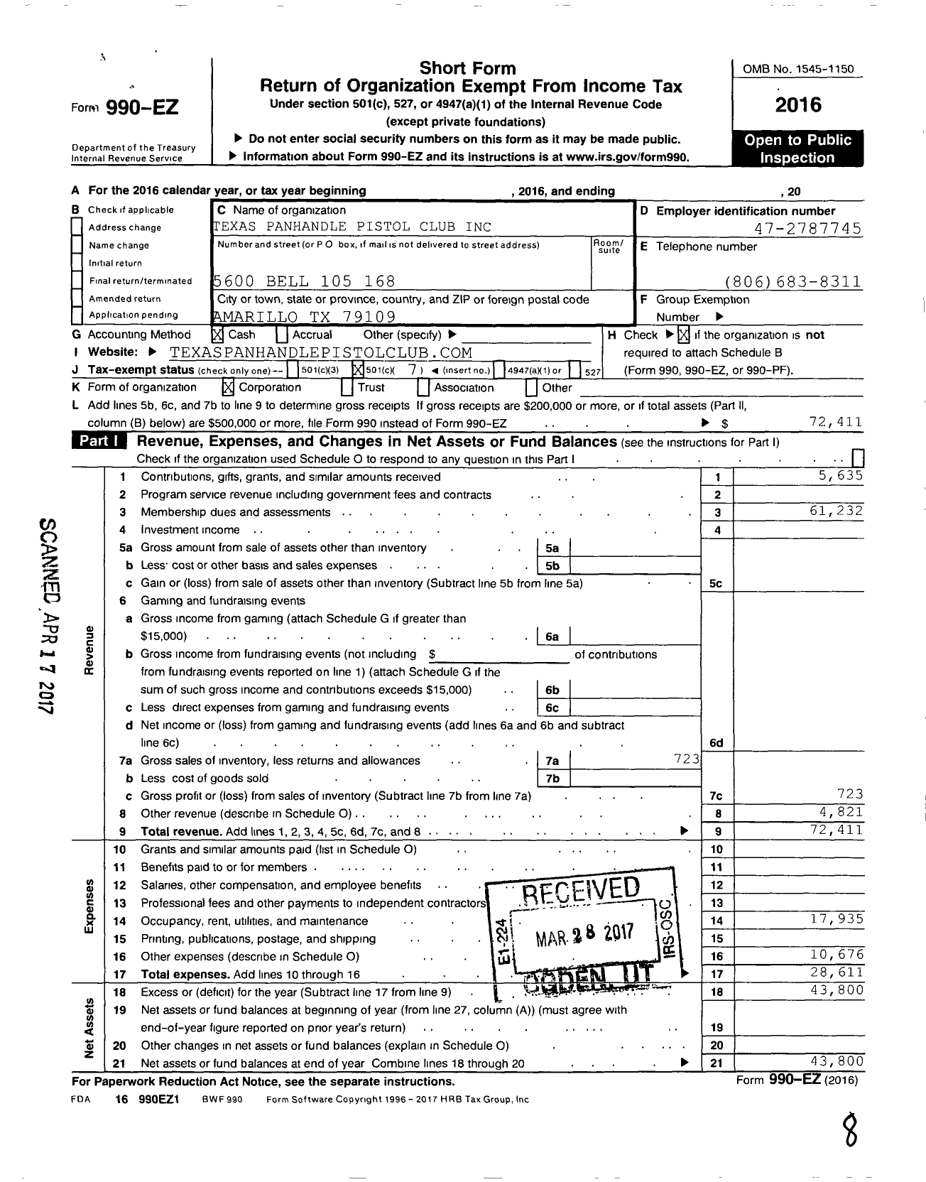 Image of first page of 2016 Form 990EO for Texas Panhandle Pistol Club