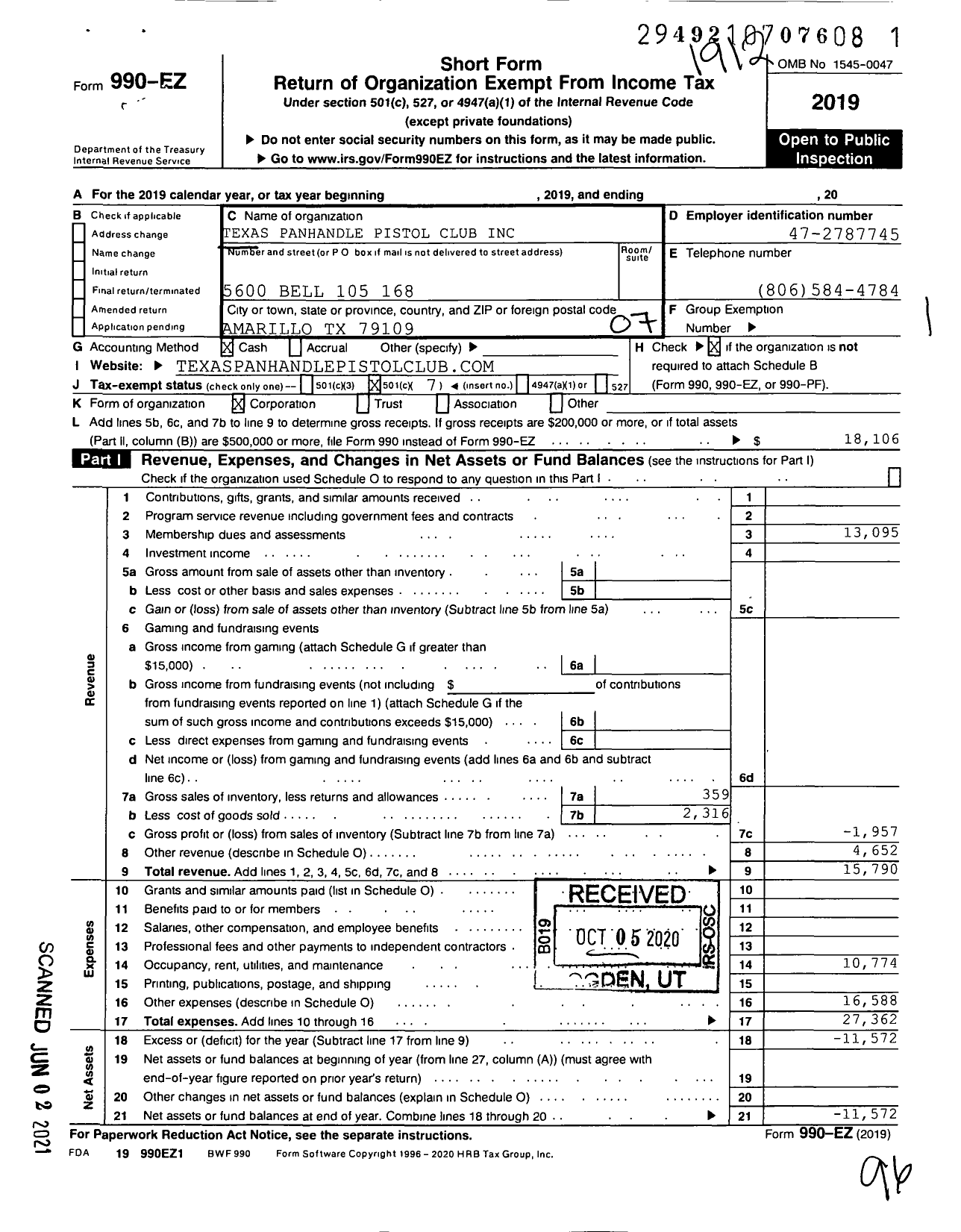 Image of first page of 2019 Form 990EO for Texas Panhandle Pistol Club