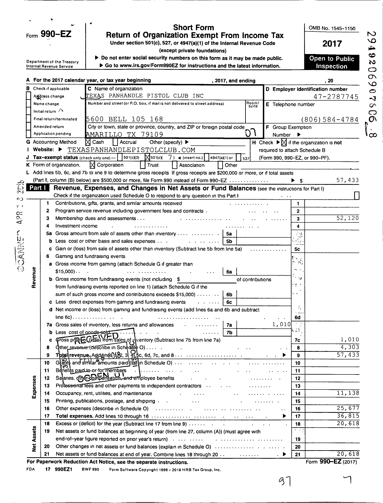 Image of first page of 2017 Form 990EO for Texas Panhandle Pistol Club