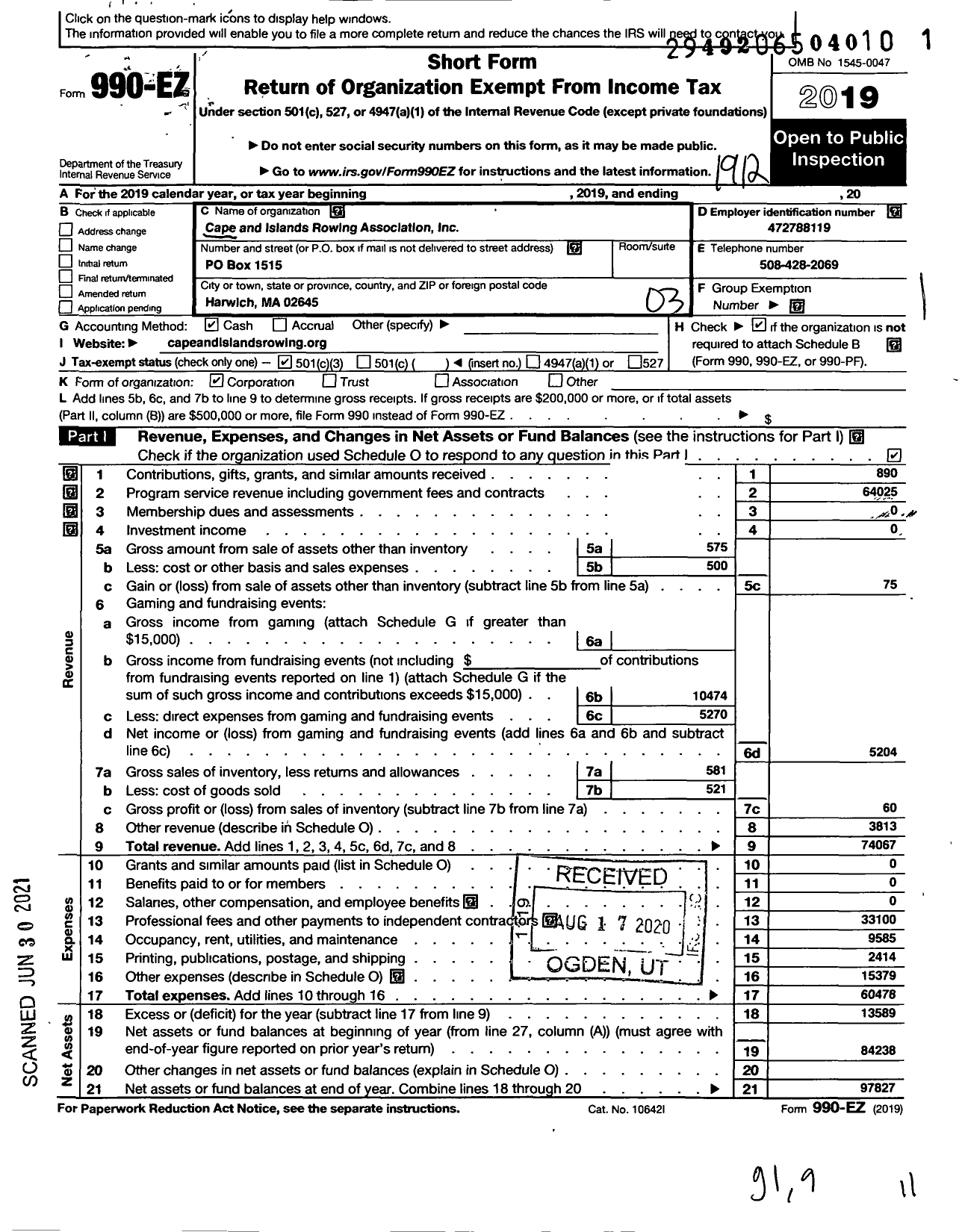 Image of first page of 2019 Form 990EZ for Cape Cod Community Rowing