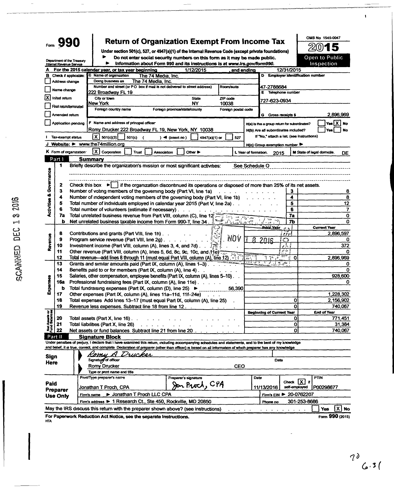 Image of first page of 2015 Form 990 for The 74 Media