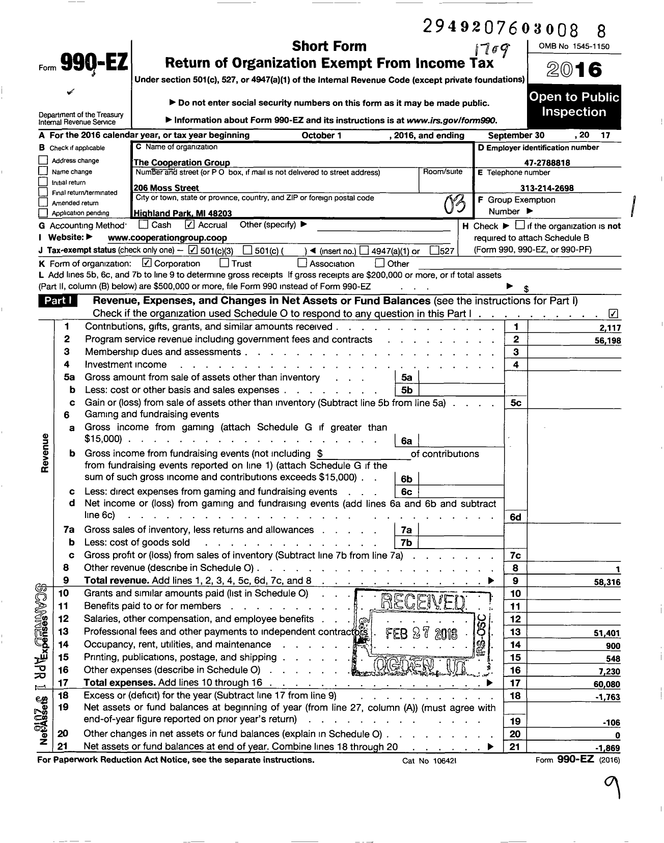 Image of first page of 2016 Form 990EZ for Cooperation Group