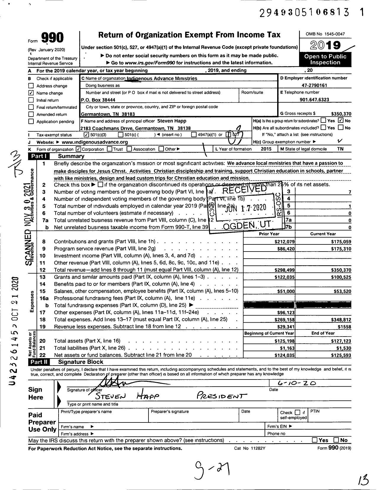 Image of first page of 2019 Form 990 for Indigenous Advance Ministries