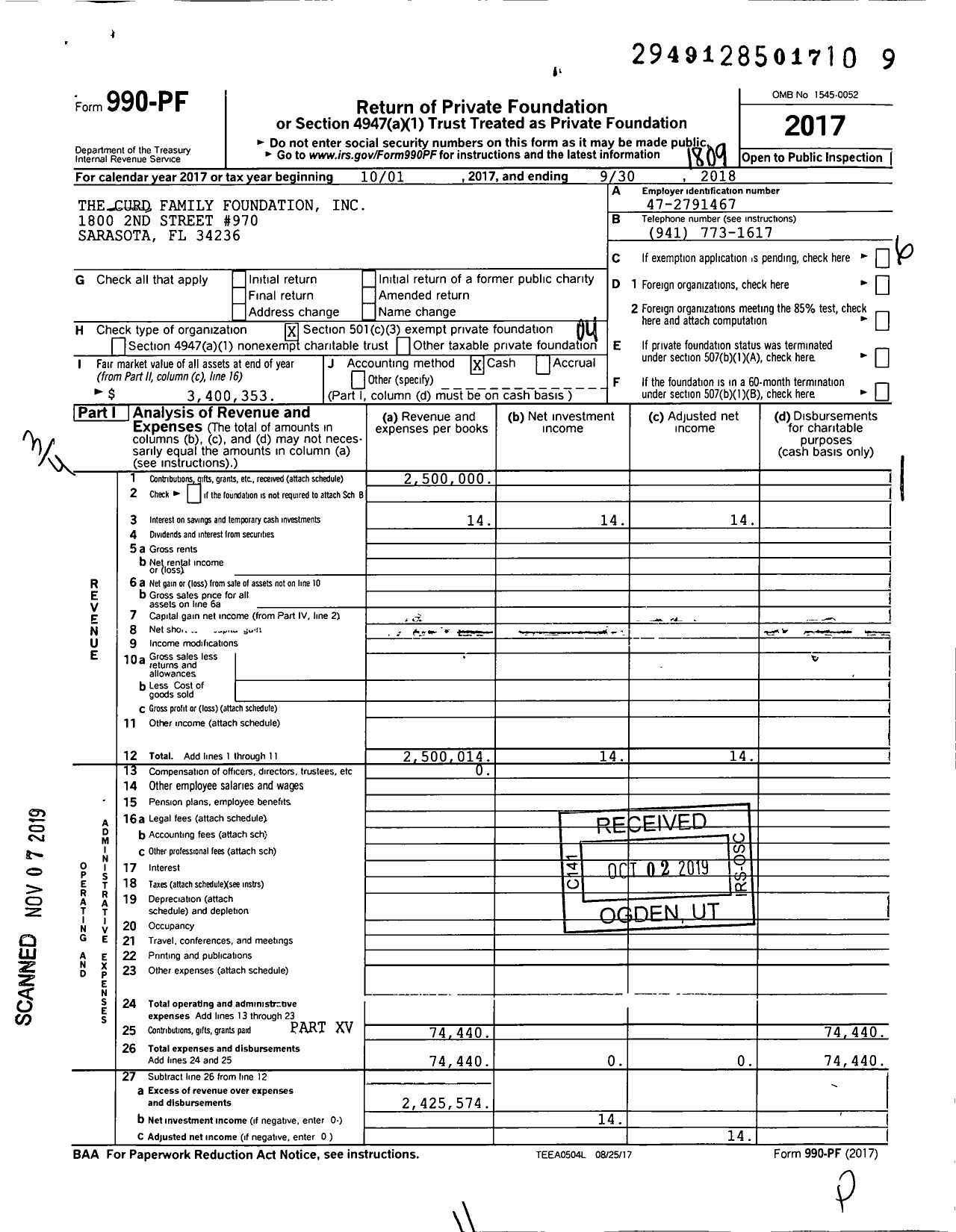 Image of first page of 2017 Form 990PF for The Curd Family Foundation