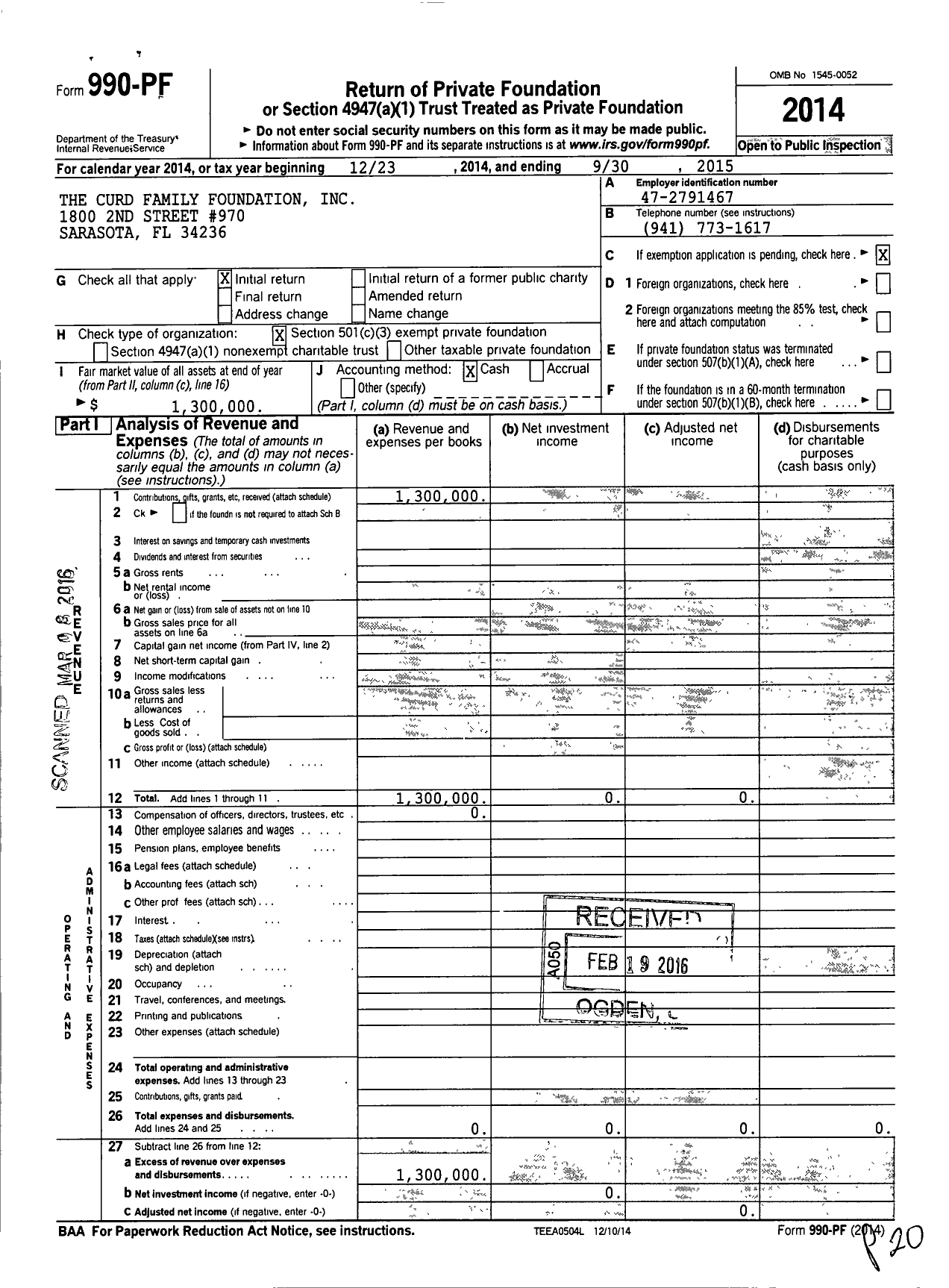 Image of first page of 2014 Form 990PF for The Curd Family Foundation