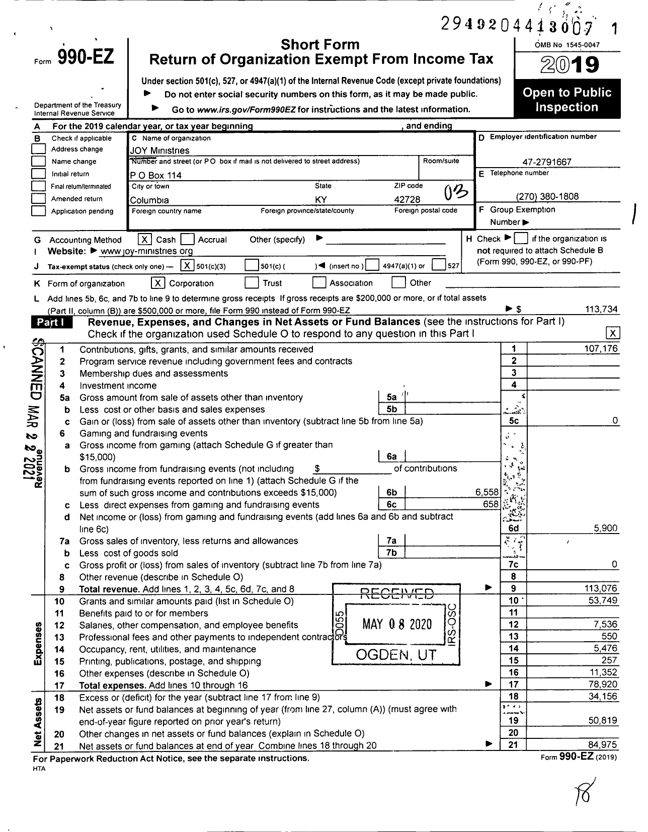 Image of first page of 2019 Form 990EZ for Joy O Y Ministries Corp