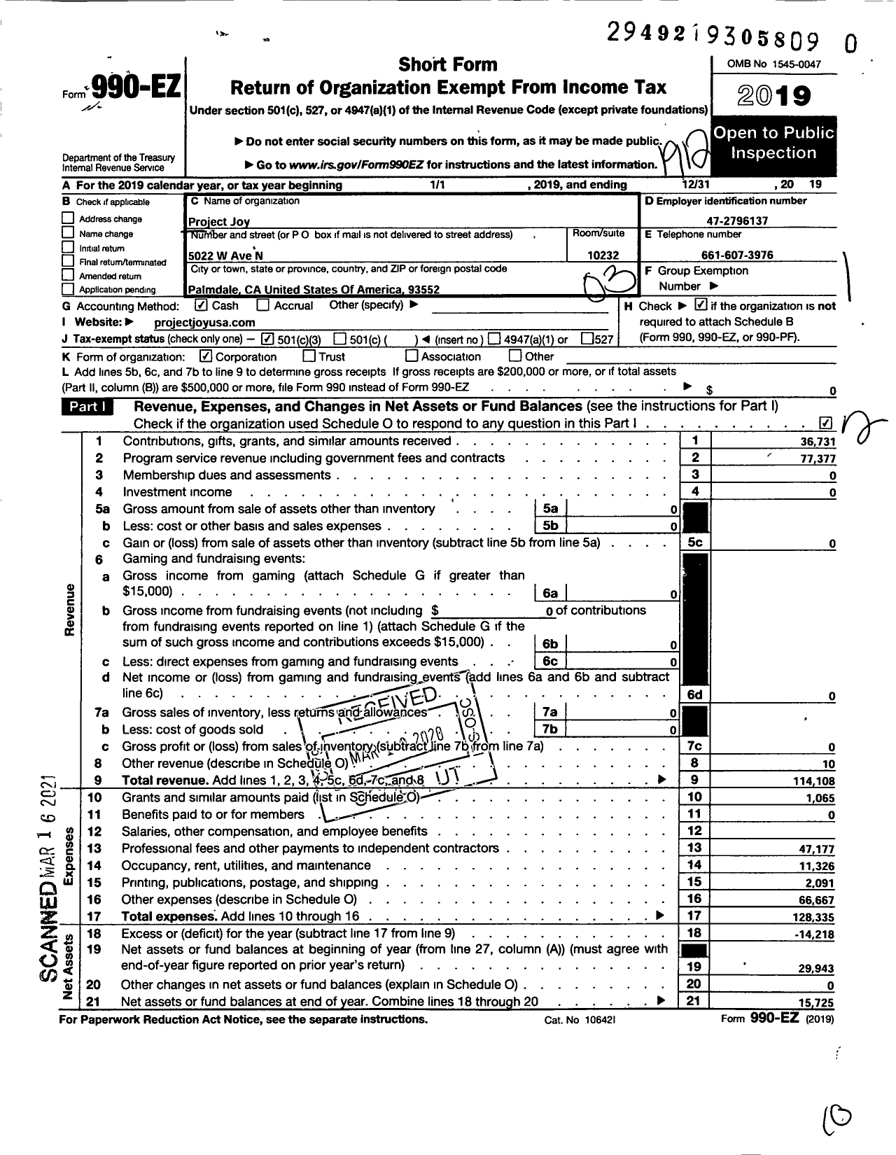 Image of first page of 2019 Form 990EZ for Project Joy