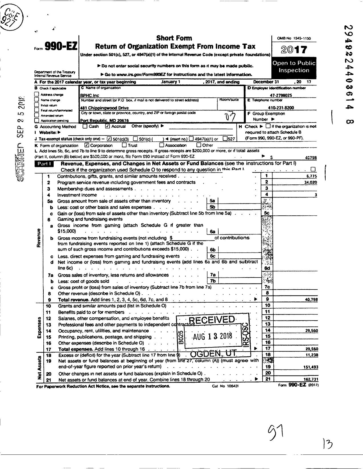 Image of first page of 2017 Form 990EZ for BPHC