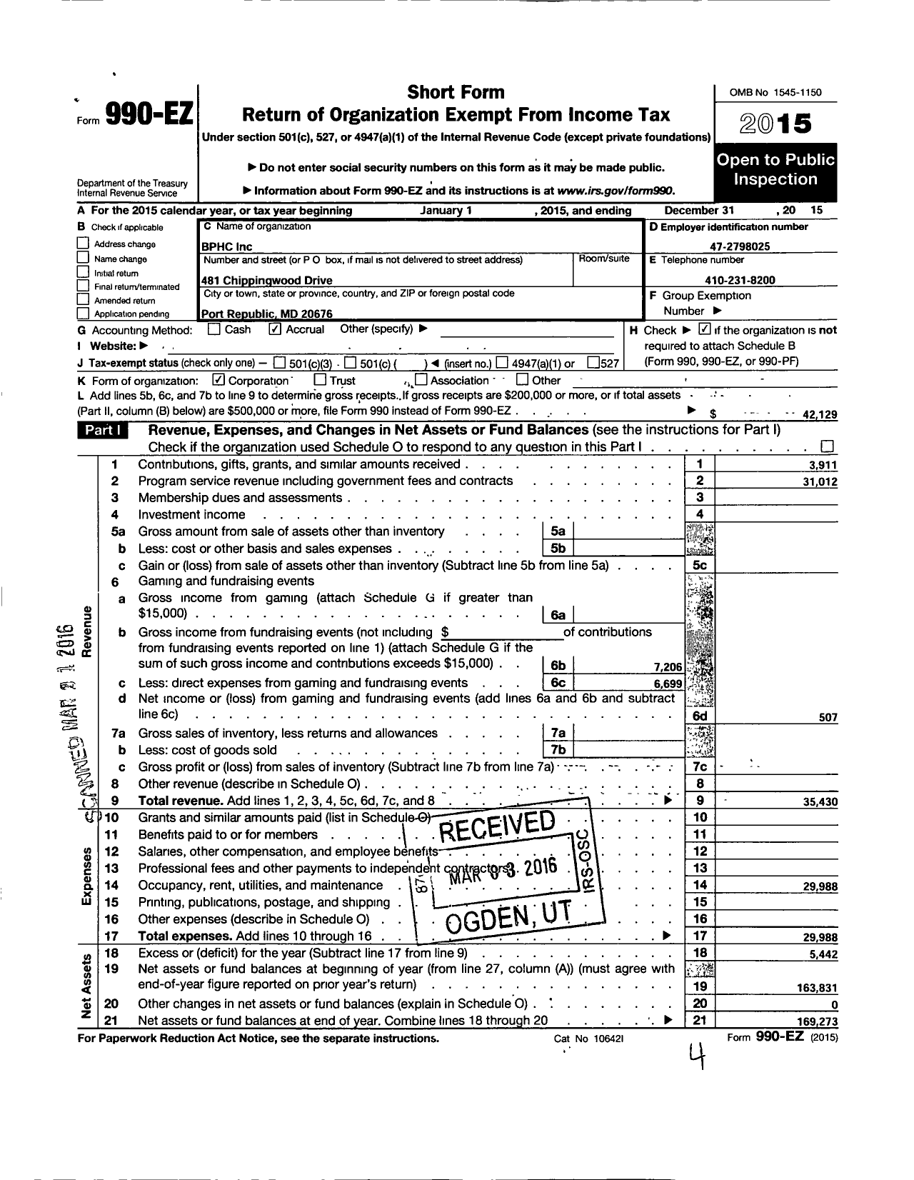 Image of first page of 2015 Form 990EO for BPHC