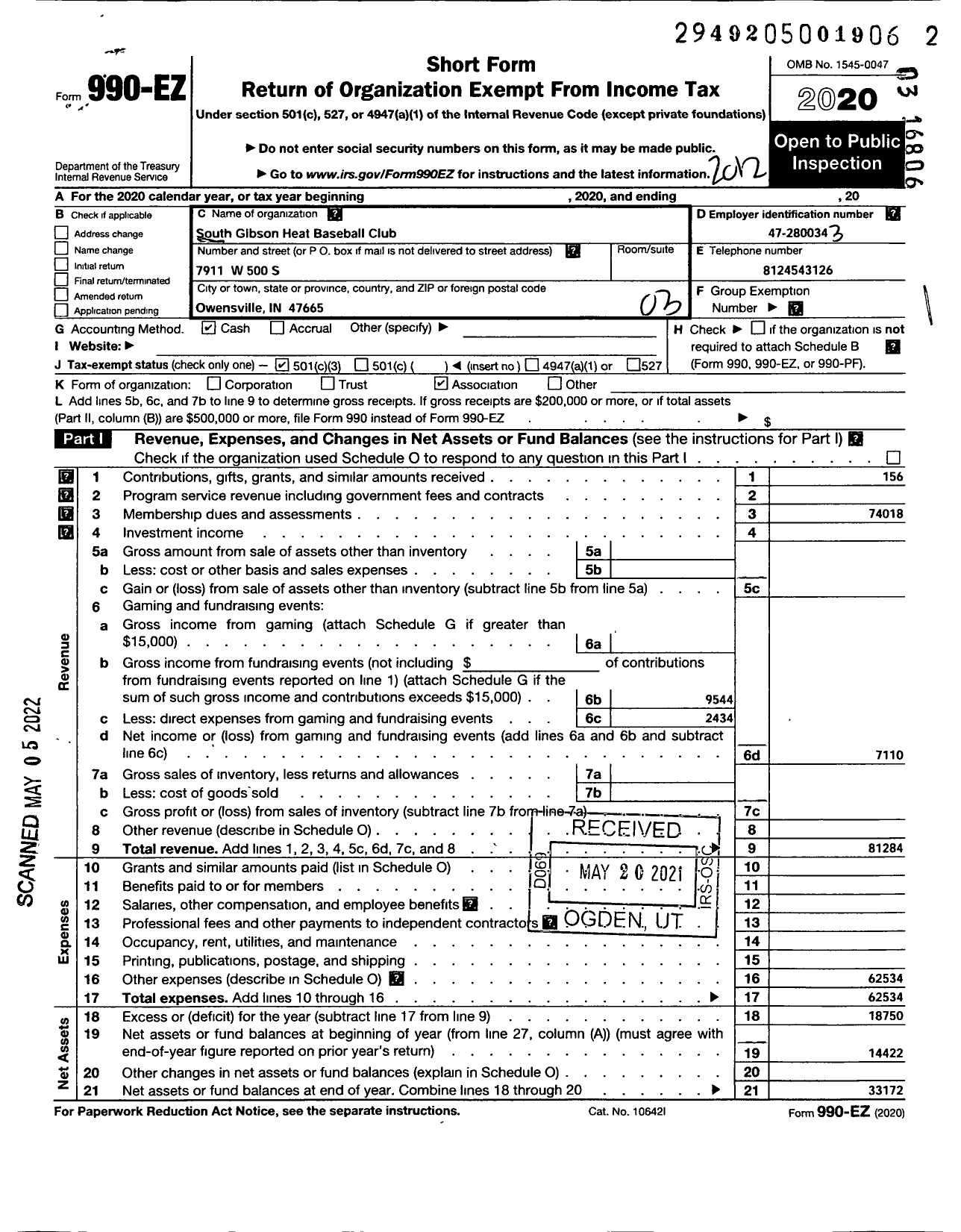 Image of first page of 2020 Form 990EZ for South Gibson Heat Baseball Club