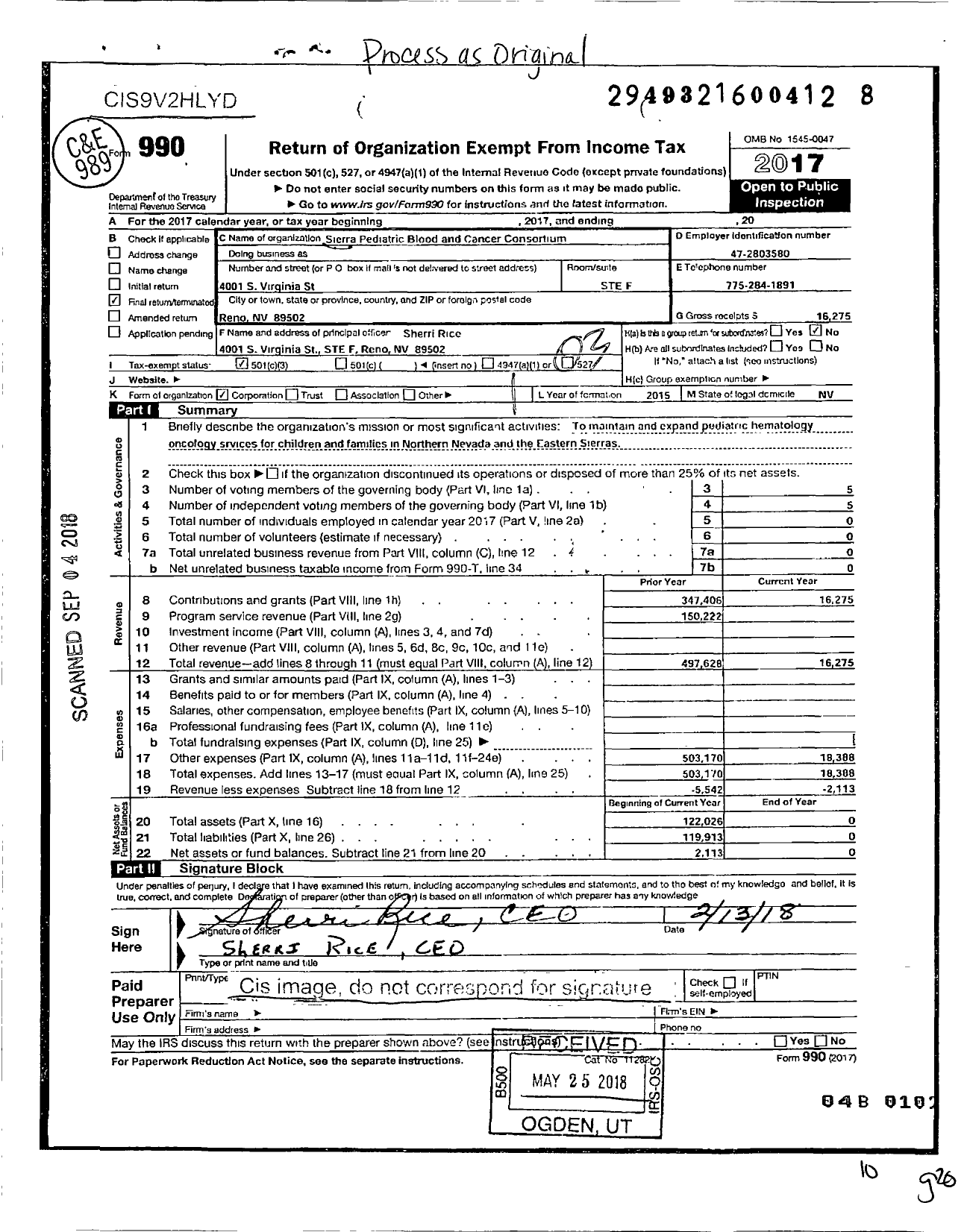 Image of first page of 2017 Form 990 for Sierra Pediatric Blood and Cancer Consortium