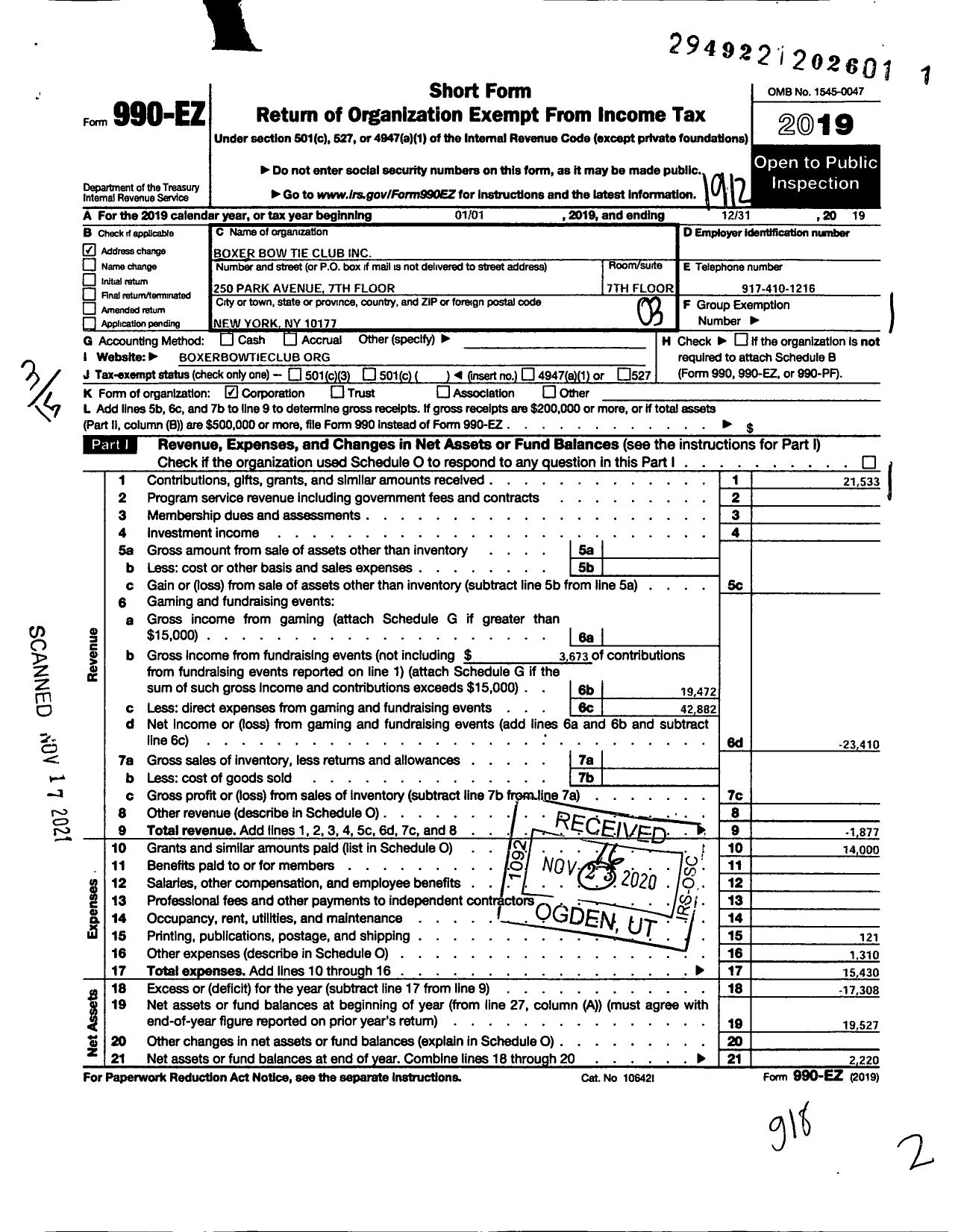 Image of first page of 2019 Form 990EZ for Boxer Bow Tie Club