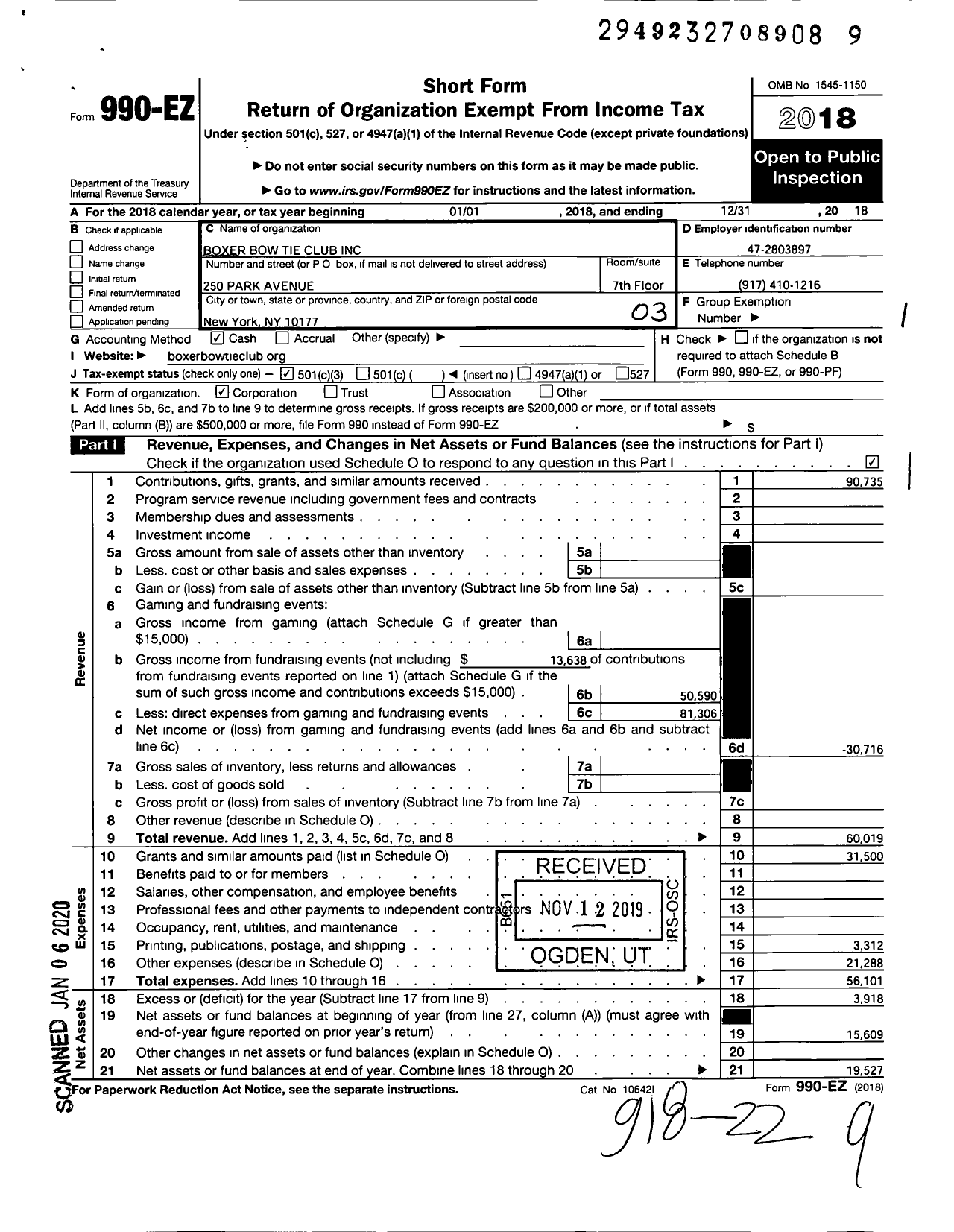 Image of first page of 2018 Form 990EZ for Boxer Bow Tie Club