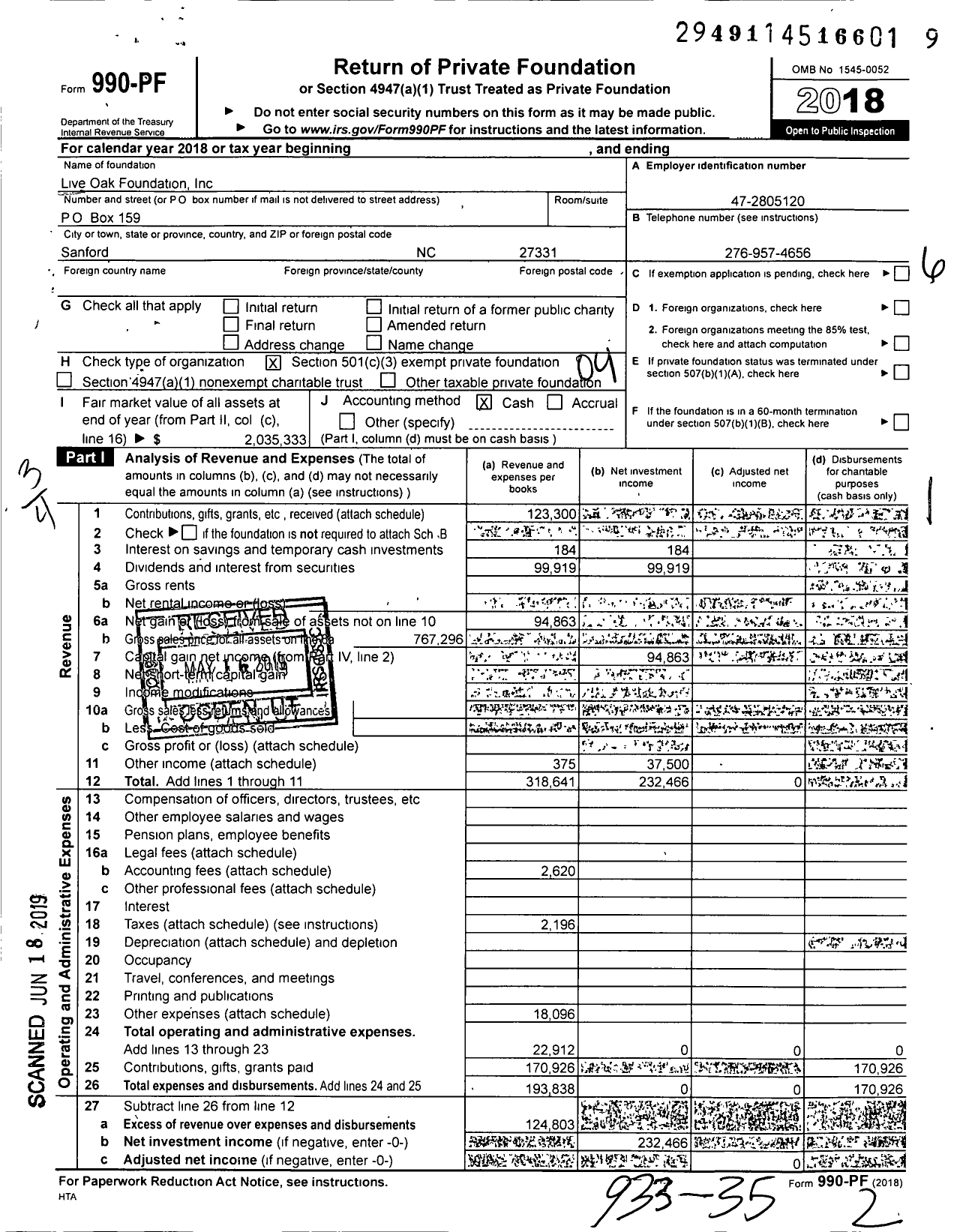 Image of first page of 2018 Form 990PF for Live Oak Foundation