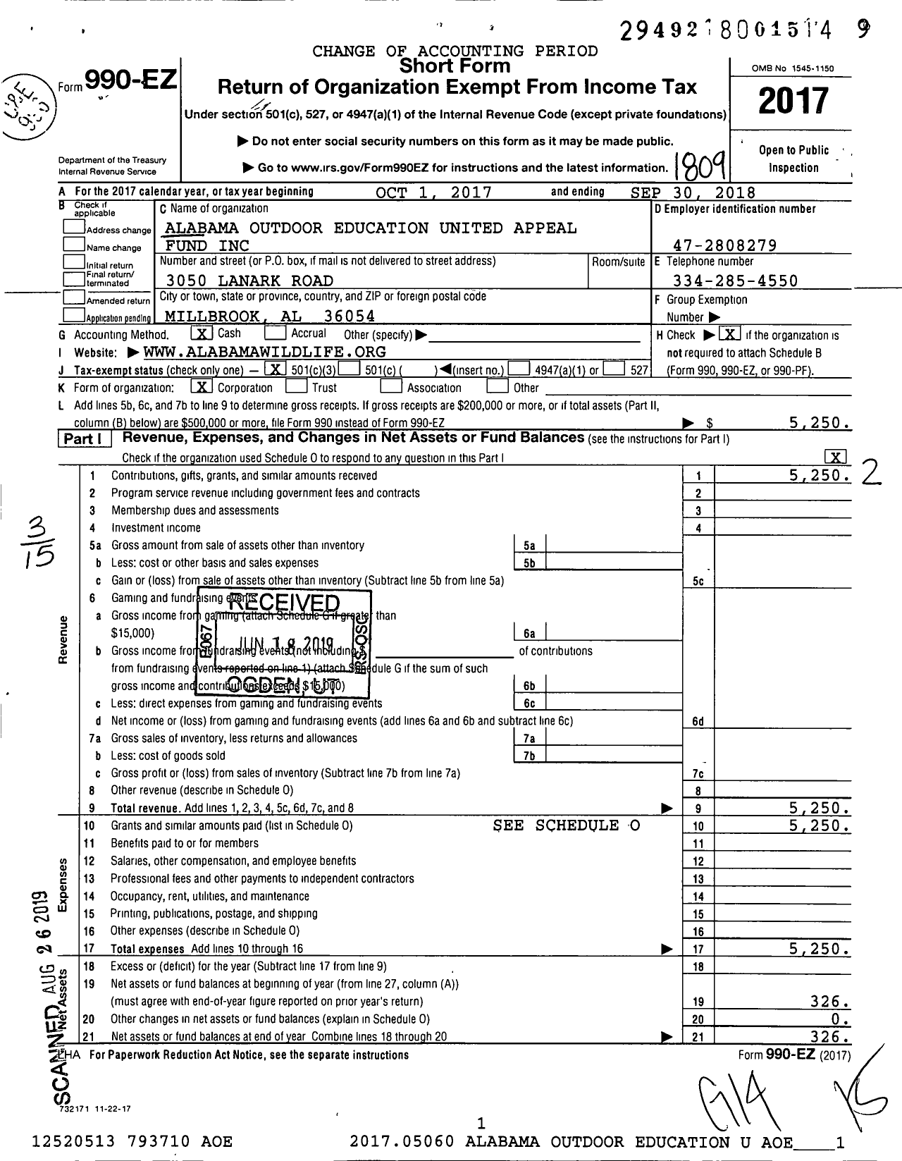 Image of first page of 2017 Form 990EZ for Alabama Outdoor Education United Appeal Fund