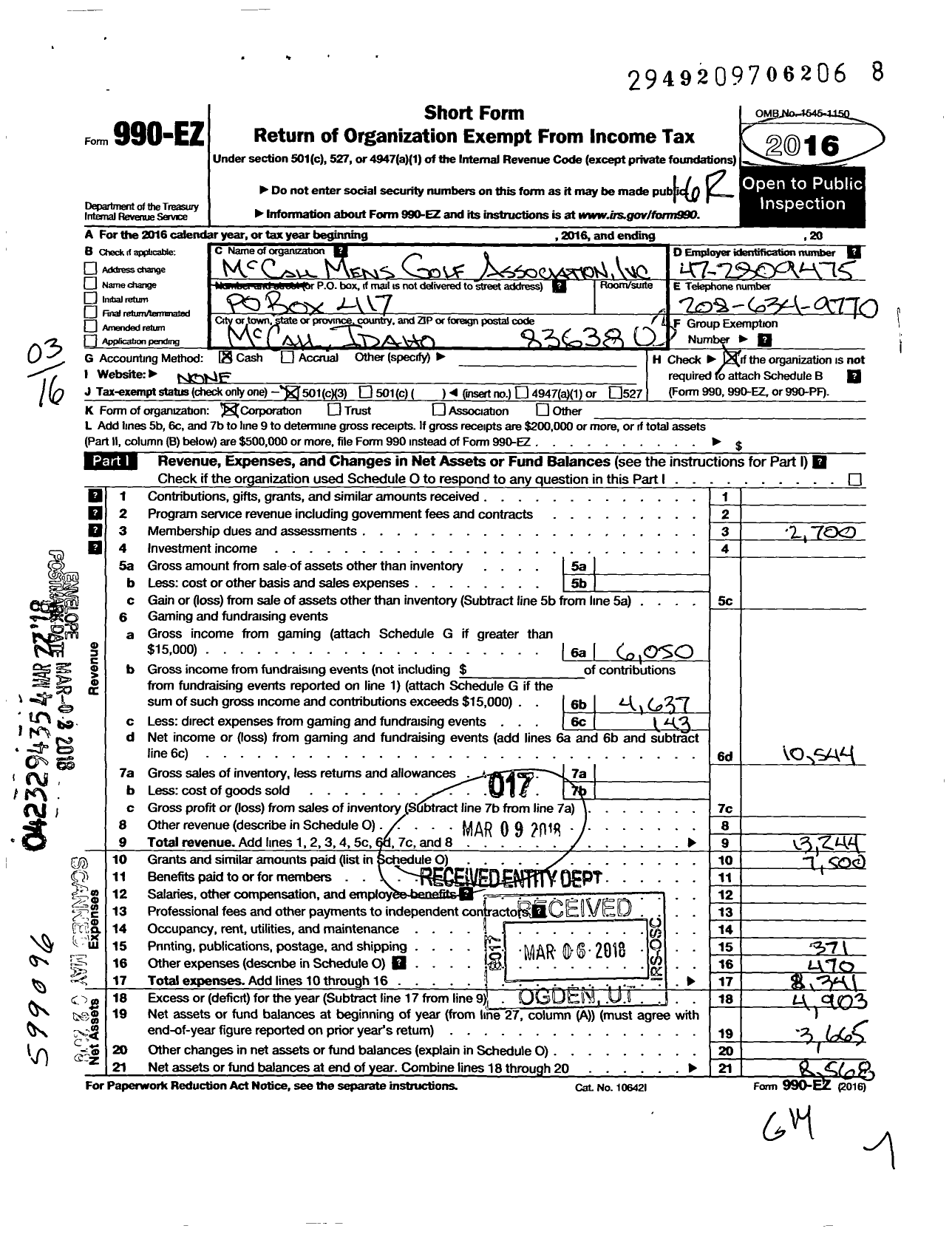 Image of first page of 2016 Form 990EZ for Mccall Mens Golf Association