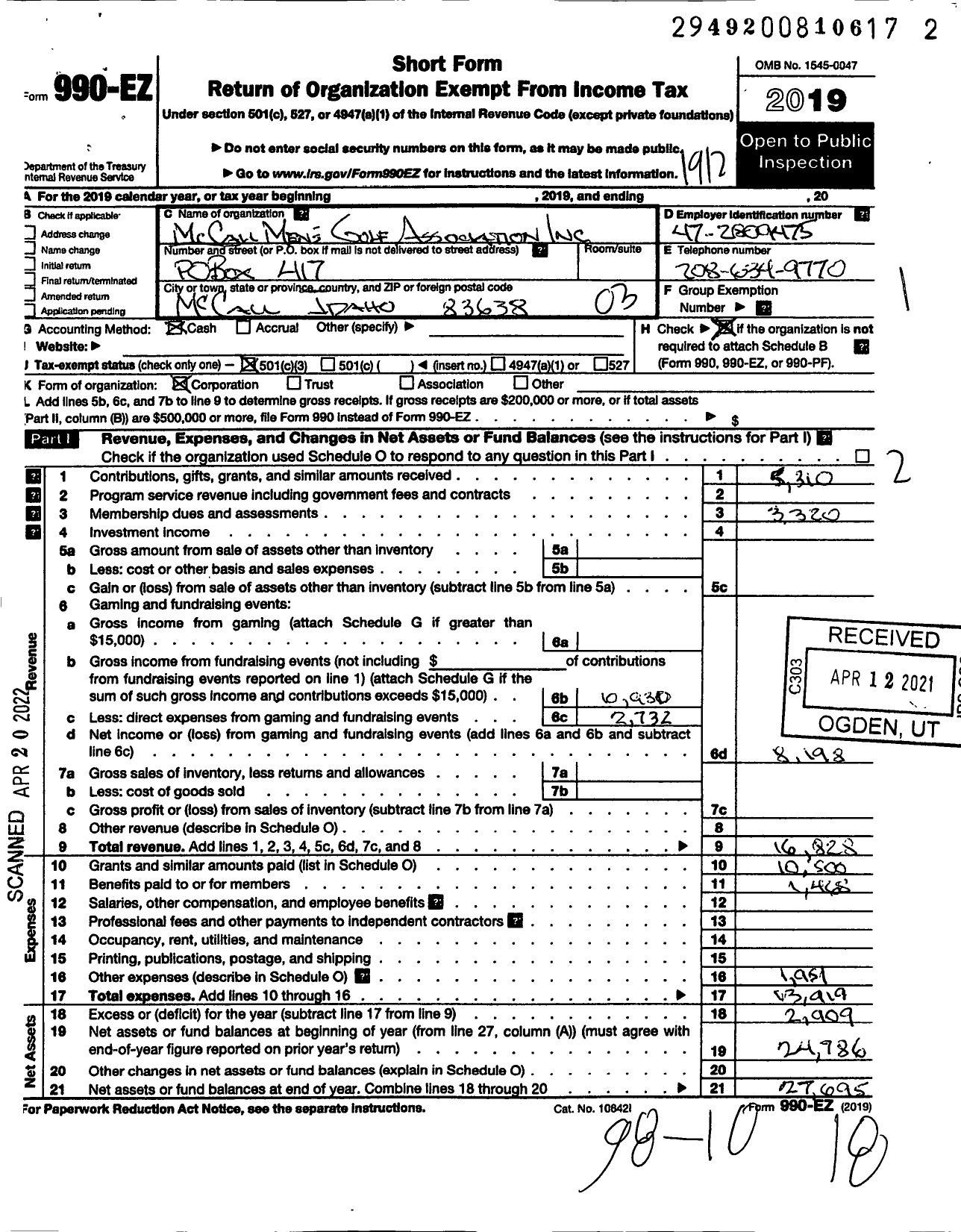 Image of first page of 2019 Form 990EZ for Mccall Mens Golf Association