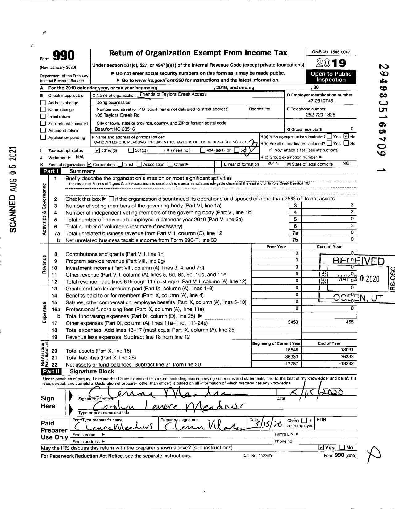 Image of first page of 2019 Form 990 for Friends of Taylors Creek Access