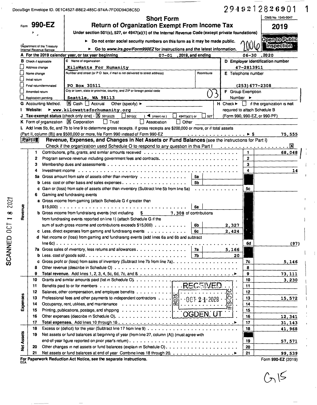 Image of first page of 2019 Form 990EZ for KiloWatts For Humanity