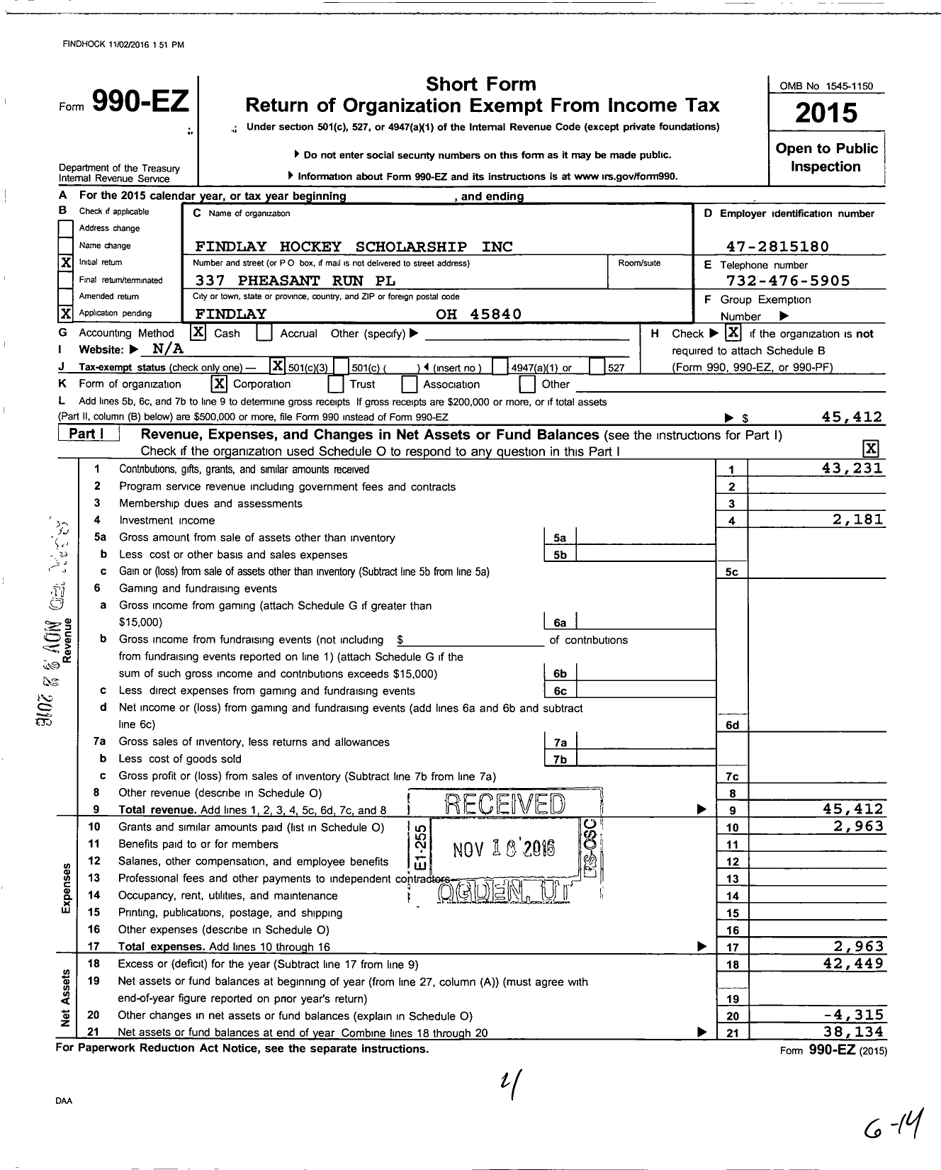 Image of first page of 2015 Form 990EZ for Findlay Hockey Scholarship