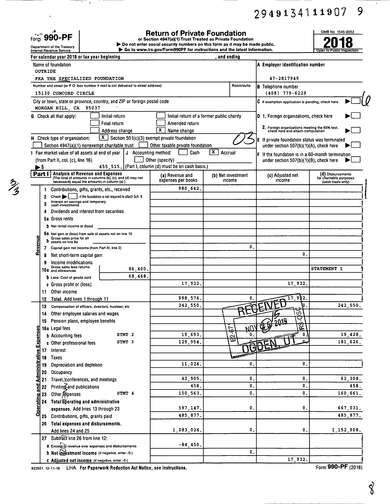 Image of first page of 2018 Form 990PF for Outride