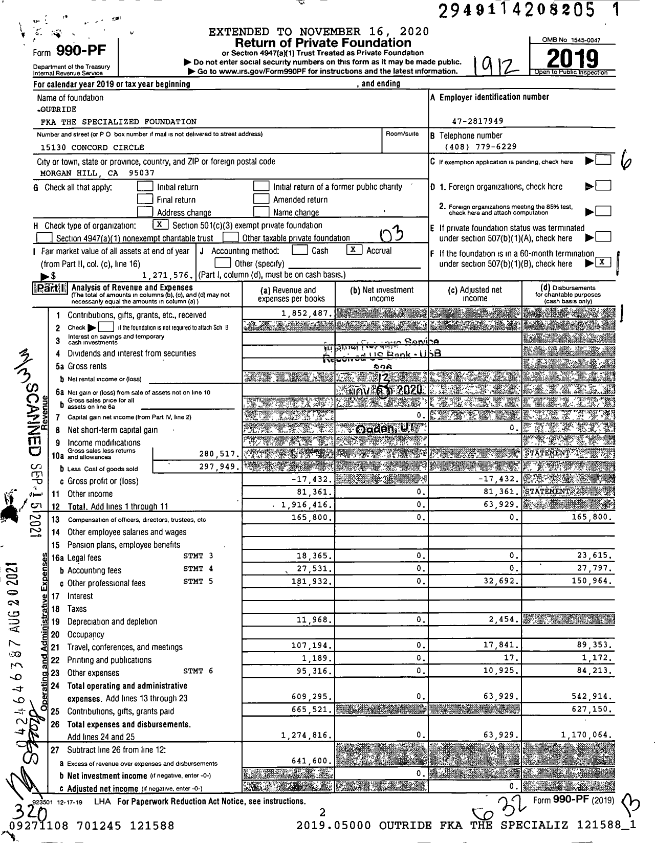 Image of first page of 2019 Form 990PF for Outride