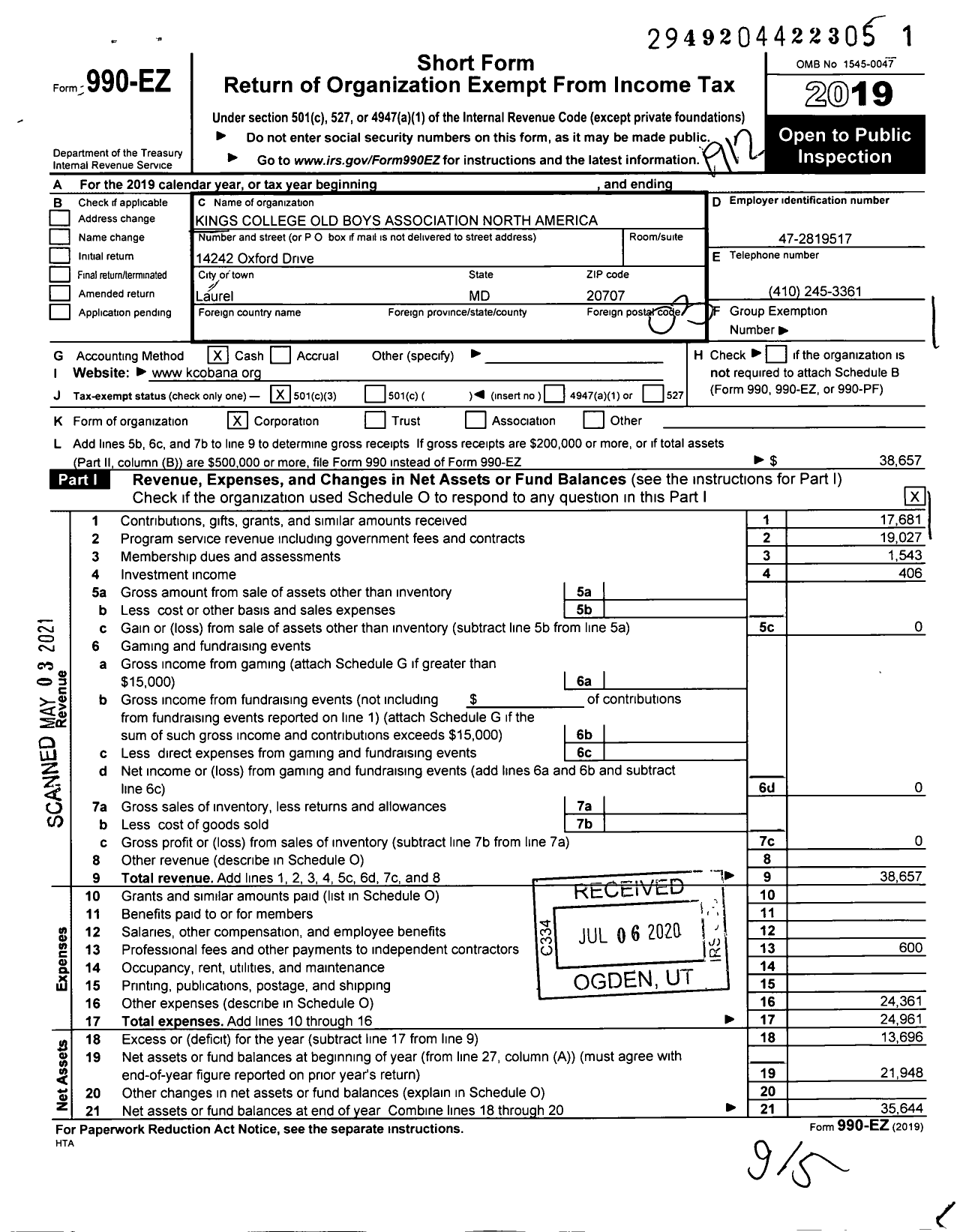 Image of first page of 2019 Form 990EZ for Kings College Old Boys Association - North America