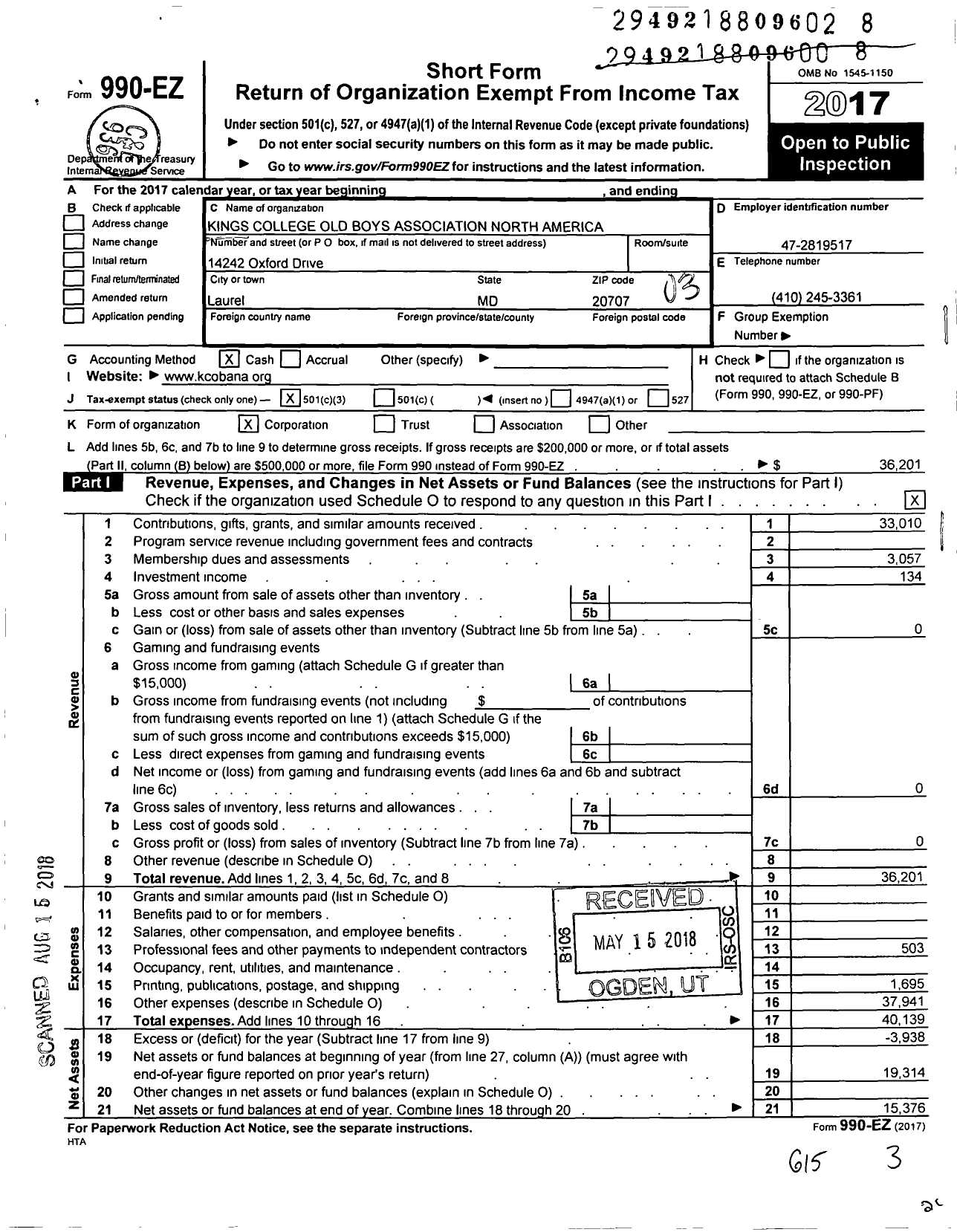 Image of first page of 2017 Form 990EZ for Kings College Old Boys Association - North America