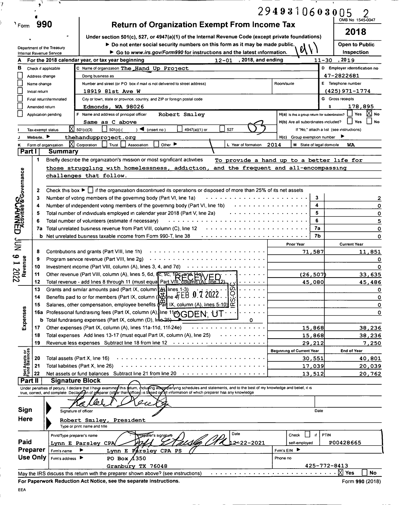 Image of first page of 2018 Form 990 for The Hand Up Project