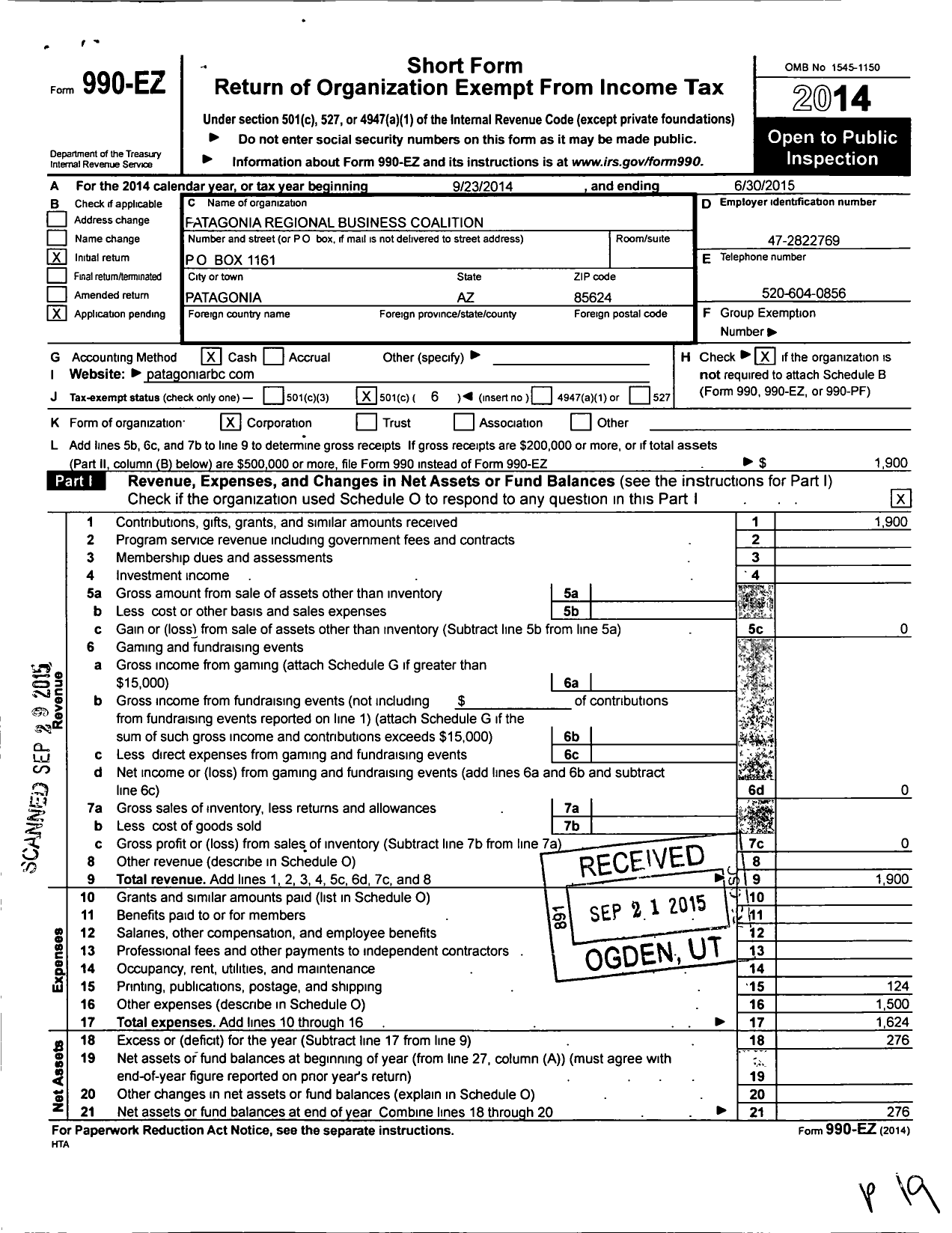 Image of first page of 2014 Form 990EO for Patagonia Regional Business Coalition