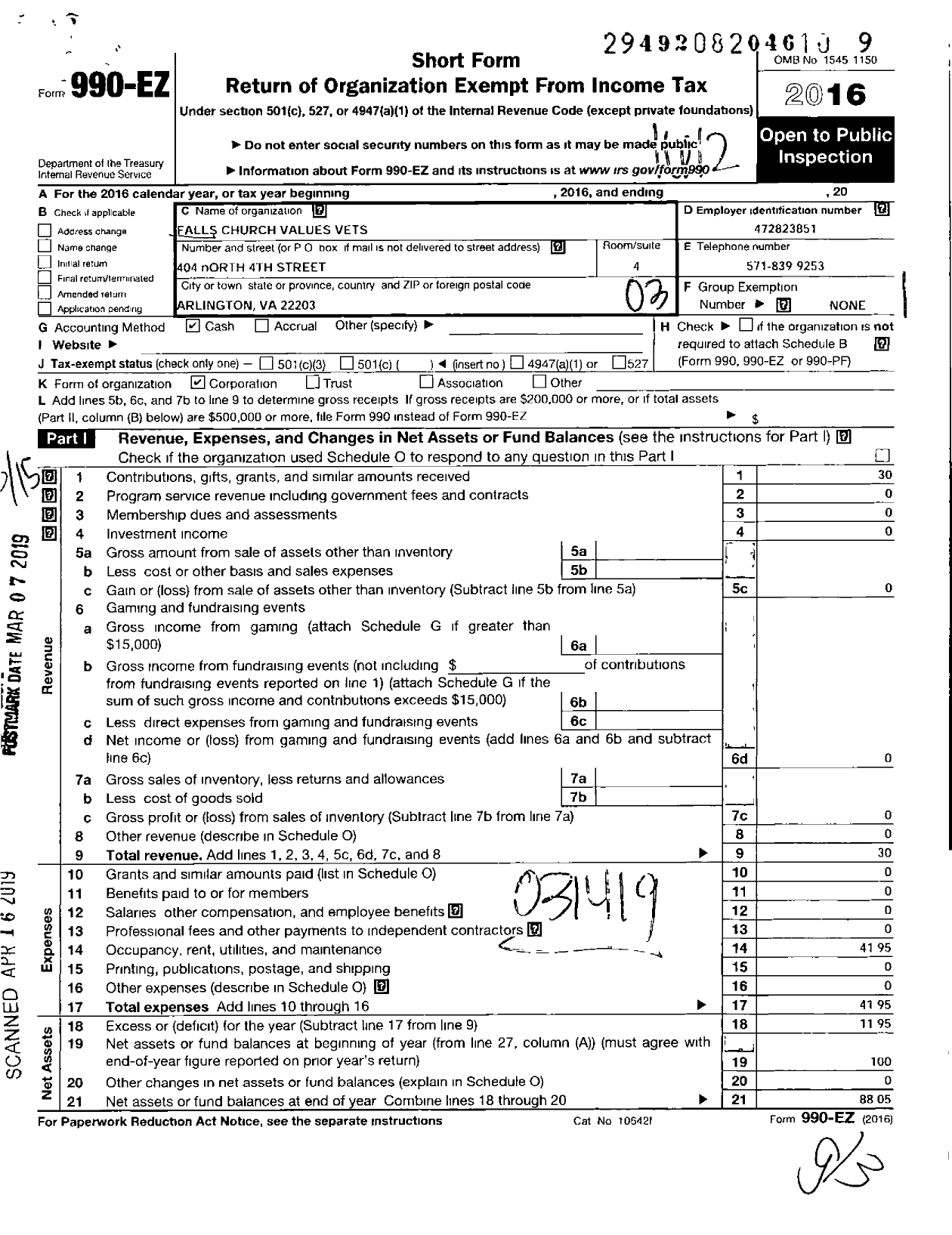 Image of first page of 2016 Form 990EZ for Falls Church Values Veterans