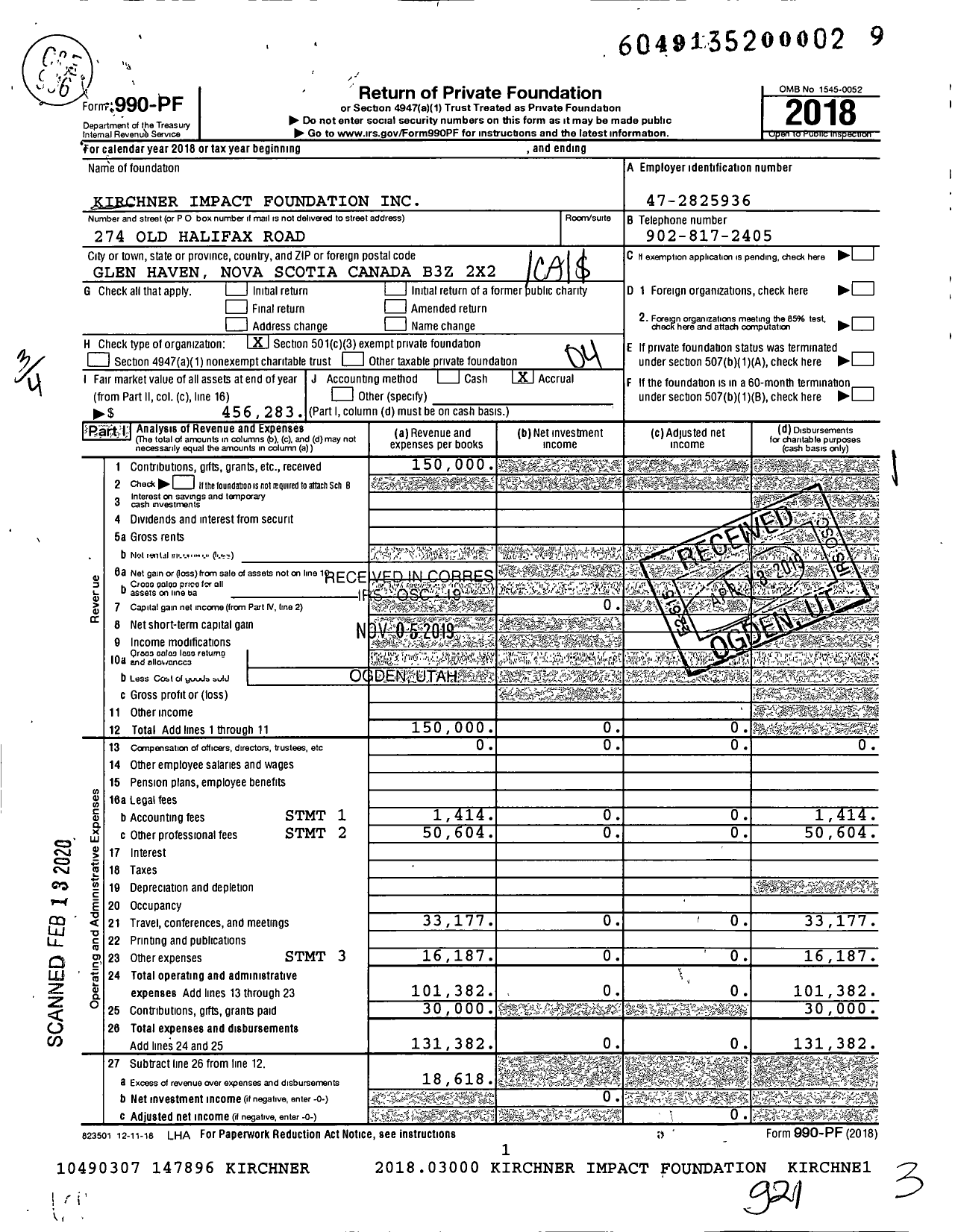 Image of first page of 2018 Form 990PF for Kirchner Impact Foundation