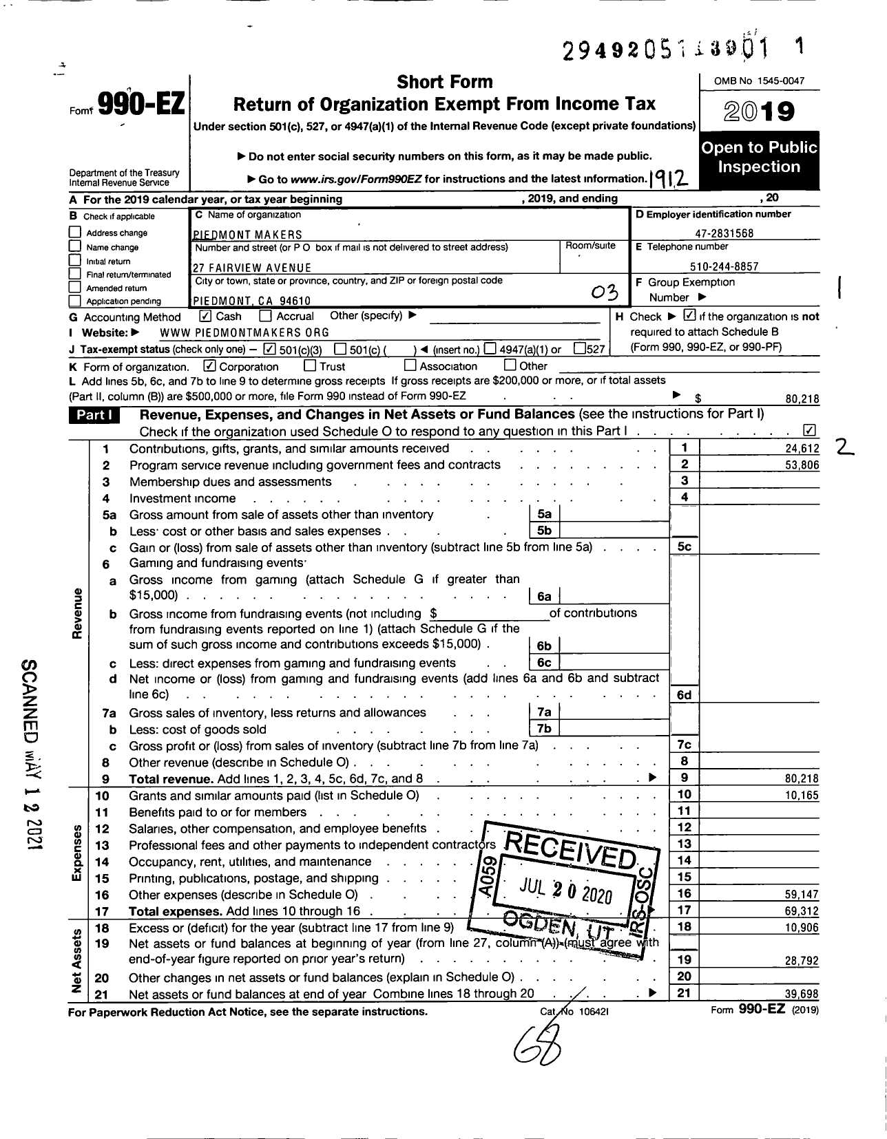 Image of first page of 2019 Form 990EZ for Piedmont Makers